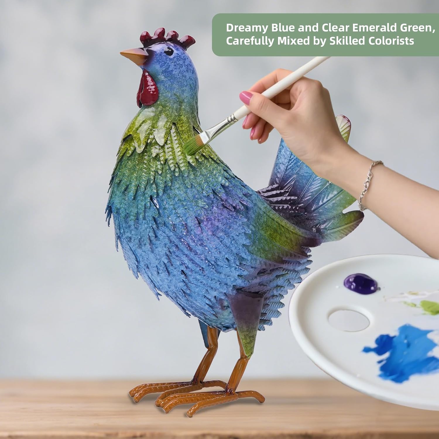 13.4" Metal Blue Chicken Garden Sculptures & Statues for Outdoor Garden Decorations ,Hen Statue for Home Decor, Gradient Impressionist Colors, Handmade Gift for Grandma, Gardener Christmas Holiday