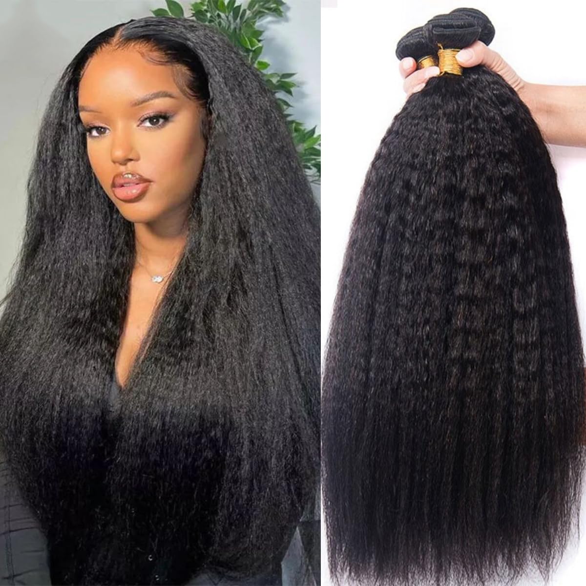 Bele 12A Yaki Straight Human Hair Bundle 16 16 16 inch Brazilian Kinky Straight Human Hair Weave 3 Bundles for Women Natural Color Can be Dyed or Bleached