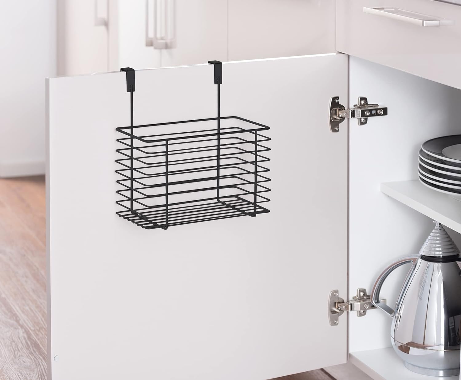 WENKO Hanging basket large, space-saving all-purpose shelf to hang on drawer or cupboard door, wire basket for bath and kitchen, without drilling, made of powder-coated metal, 24 x 24.5 x 15 cm, black