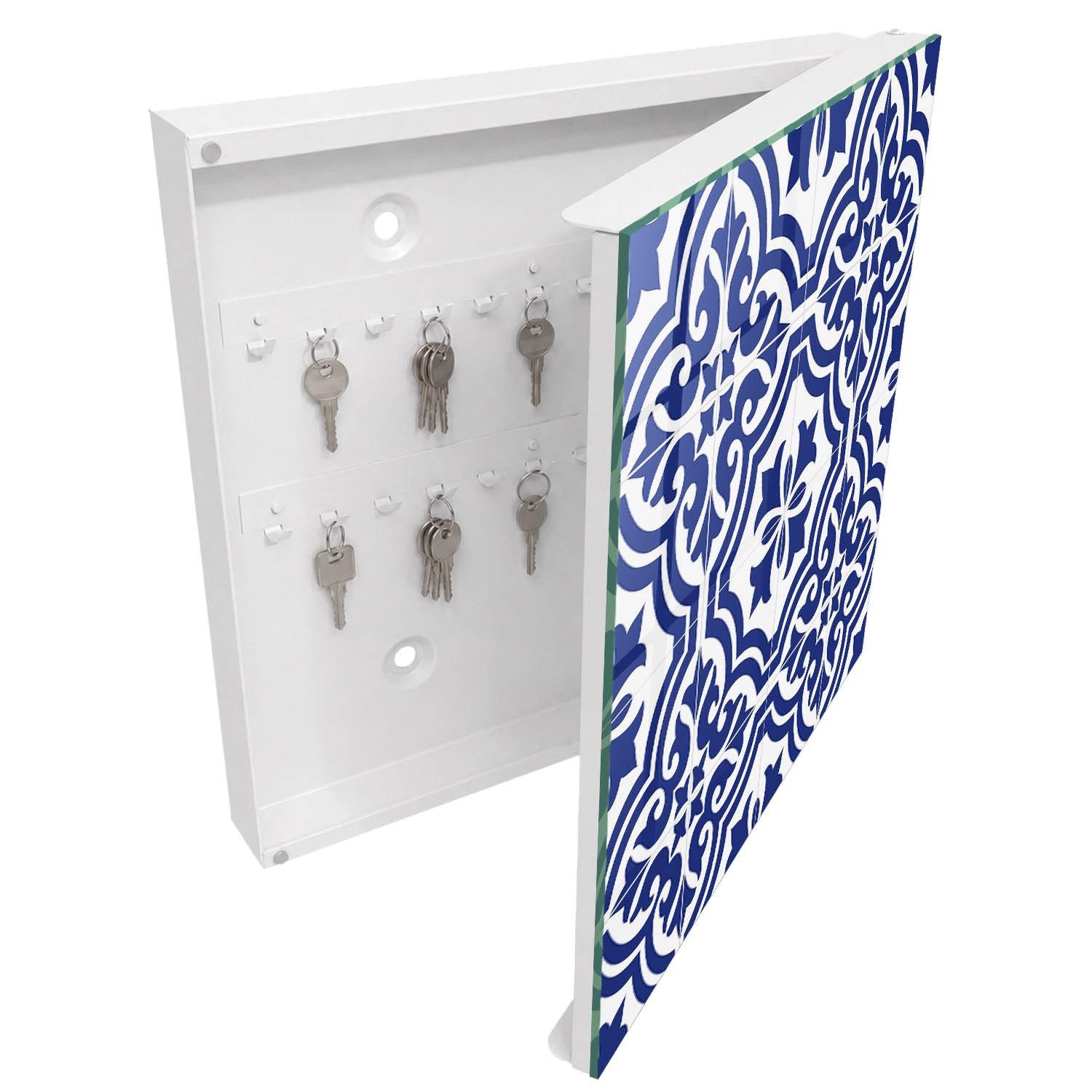 Armadietto Portachiavi 30x30 cm | Bianco | A Destra | Montaggio a Parete | Bellezza geometrica | Tasselli e Viti Inclusi | per Uffici | Frontale Decorativo in Vetro Temperato | in Metallo