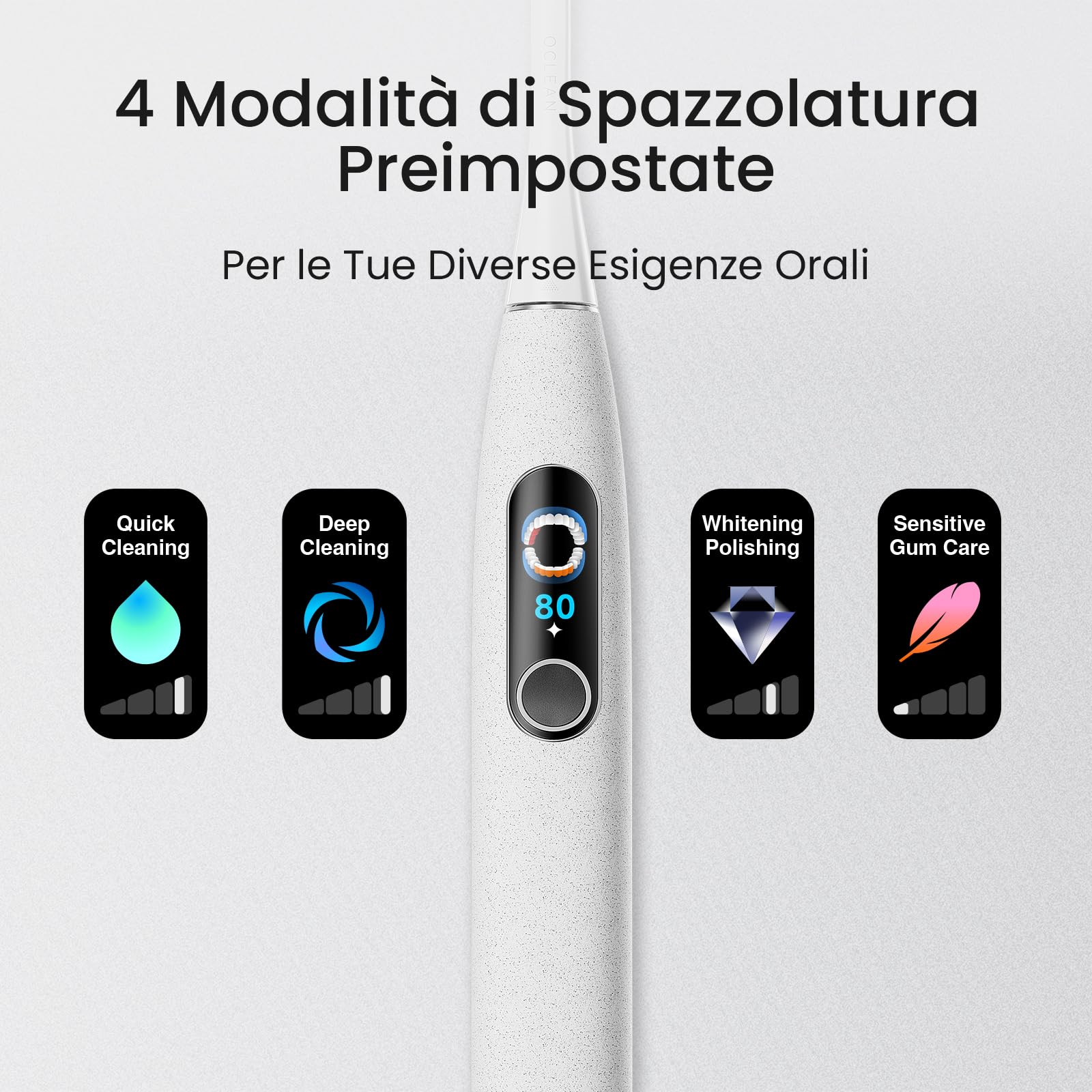 Spazzolino elettrico Oclean X Elite 10 Set, Spazzolatura personalizzata AI, Touchscreen con tracciamento a 12 aree, 40° Oscillazione, 5 Modalità, Timer, 40 Giorni, Previsioni meteo, IPX7, Grigio