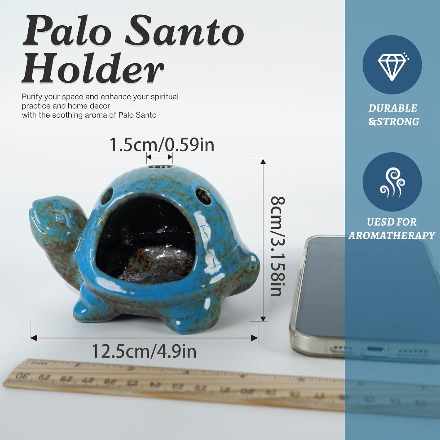 MOUGIGI Blue Ceramic Turtle Palo Santo Burner - Mini Chiminea, Burns image 4