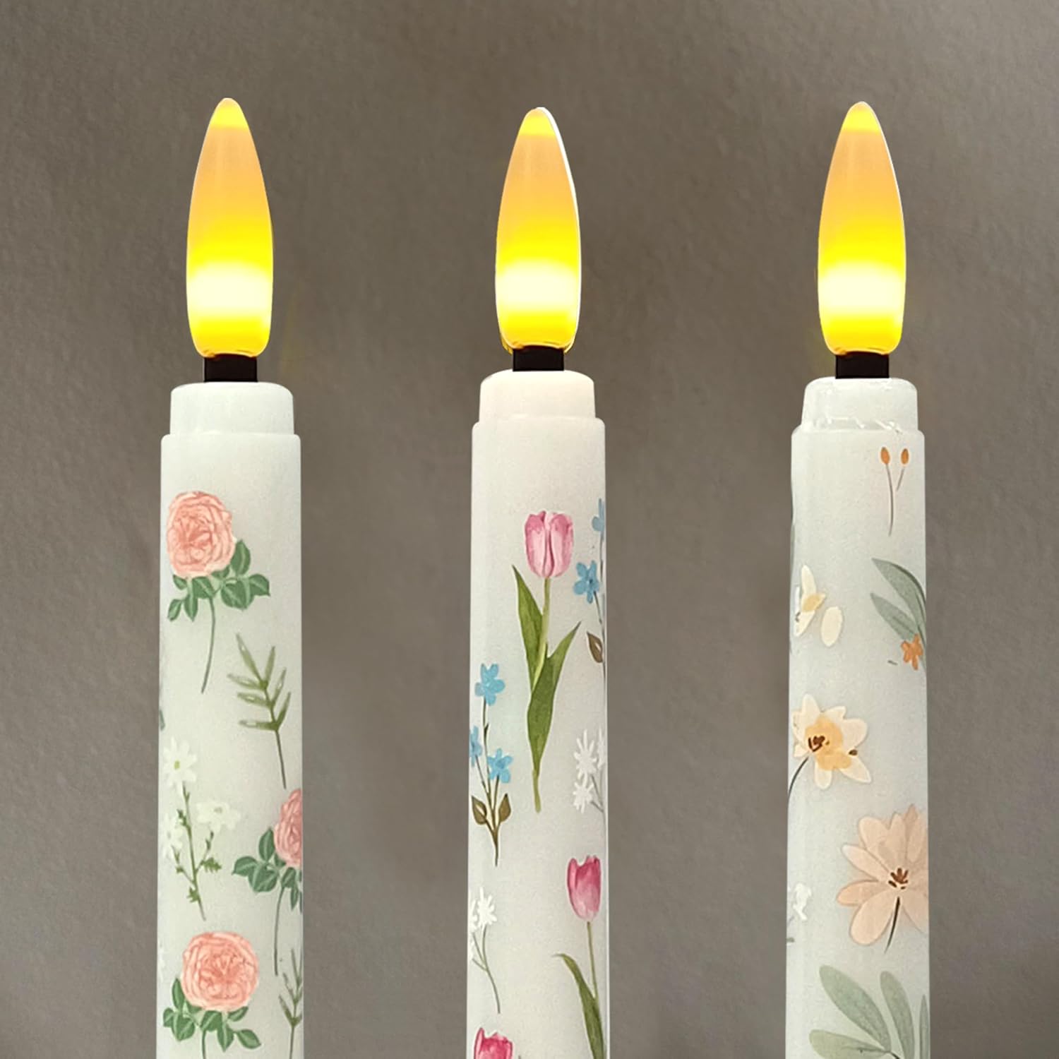 Flameless Taper Candles with Remote, LED Taper Candles Battery Operated with Flower Decals, 11.2" Flameless Candlesticks for Spring Wedding Home Decor