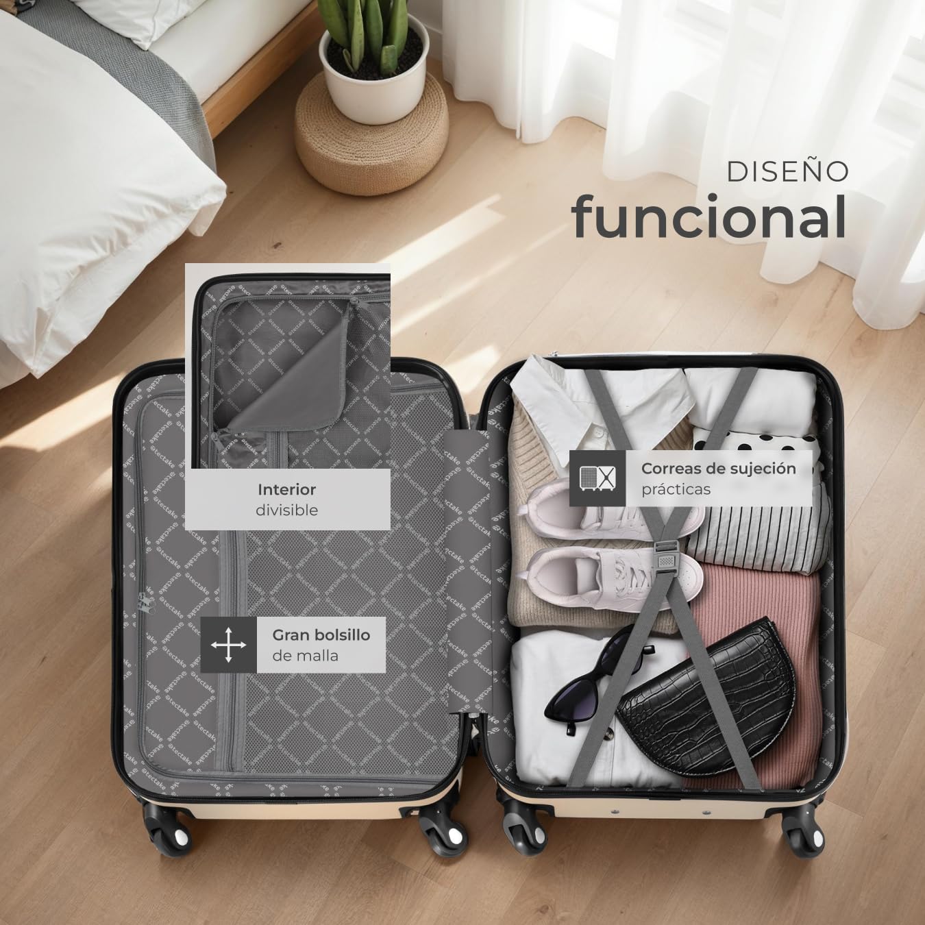 tectake® Juego de 3 Maletas Rígidas de Plástico ABS y 1 Neceser, Tamaños XL-L-M, Set Maletas Viaje con Ruedas 360º Extraíbles, Cerradura de Combinación TSA, Asas Laterales y Asa Telescópica - champán