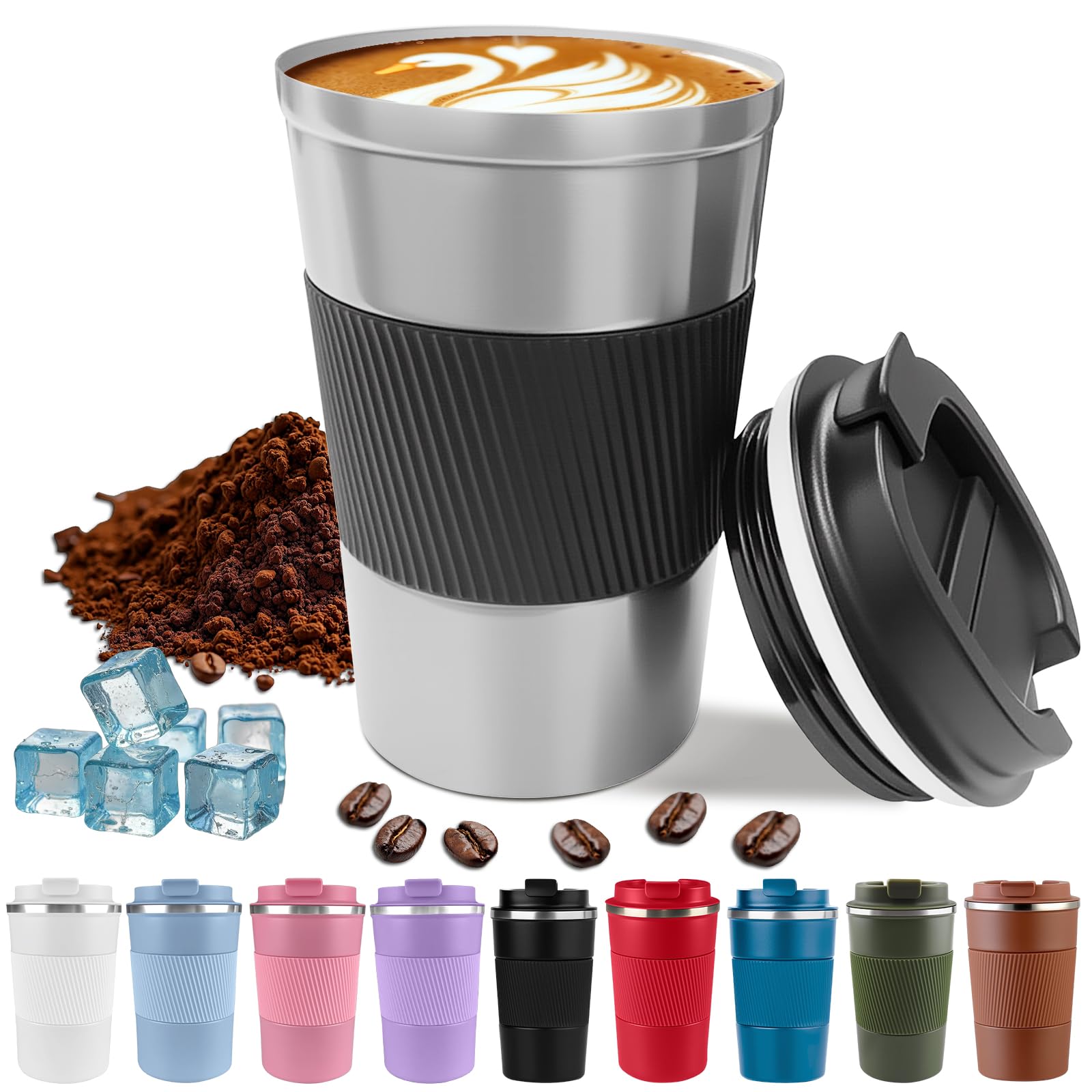 Insulated Coffee Cup with Lid, Leak-Proof Travel Coffee Mug, Reusable Stainless Steel Vacuum Thermos Tumbler, Thermal Insulation Cup for Hot & Cold Drinks for Men & Women (3rd-Stainless Steel, 380ml)
