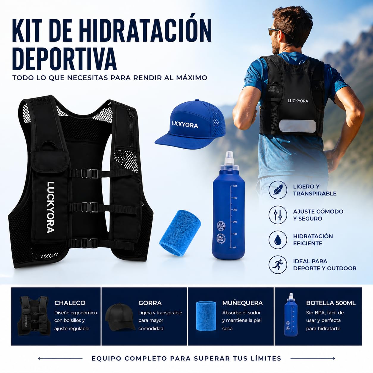 Gilet de course pour homme et femme - Sac à dos d'hydratation avec Soft Flask 500 ml, casquette et poignet - Gilet léger respirant pour course