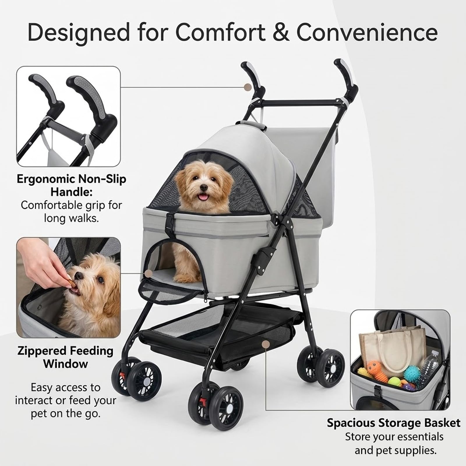 Cochecito para perros plegable hasta 20 kg, 3 en 1 con cesta de almacenamiento extraíble para perros pequeños y gatos, carrito para perros con ruedas giratorias de 360 ° y ventanas de red, cochecito