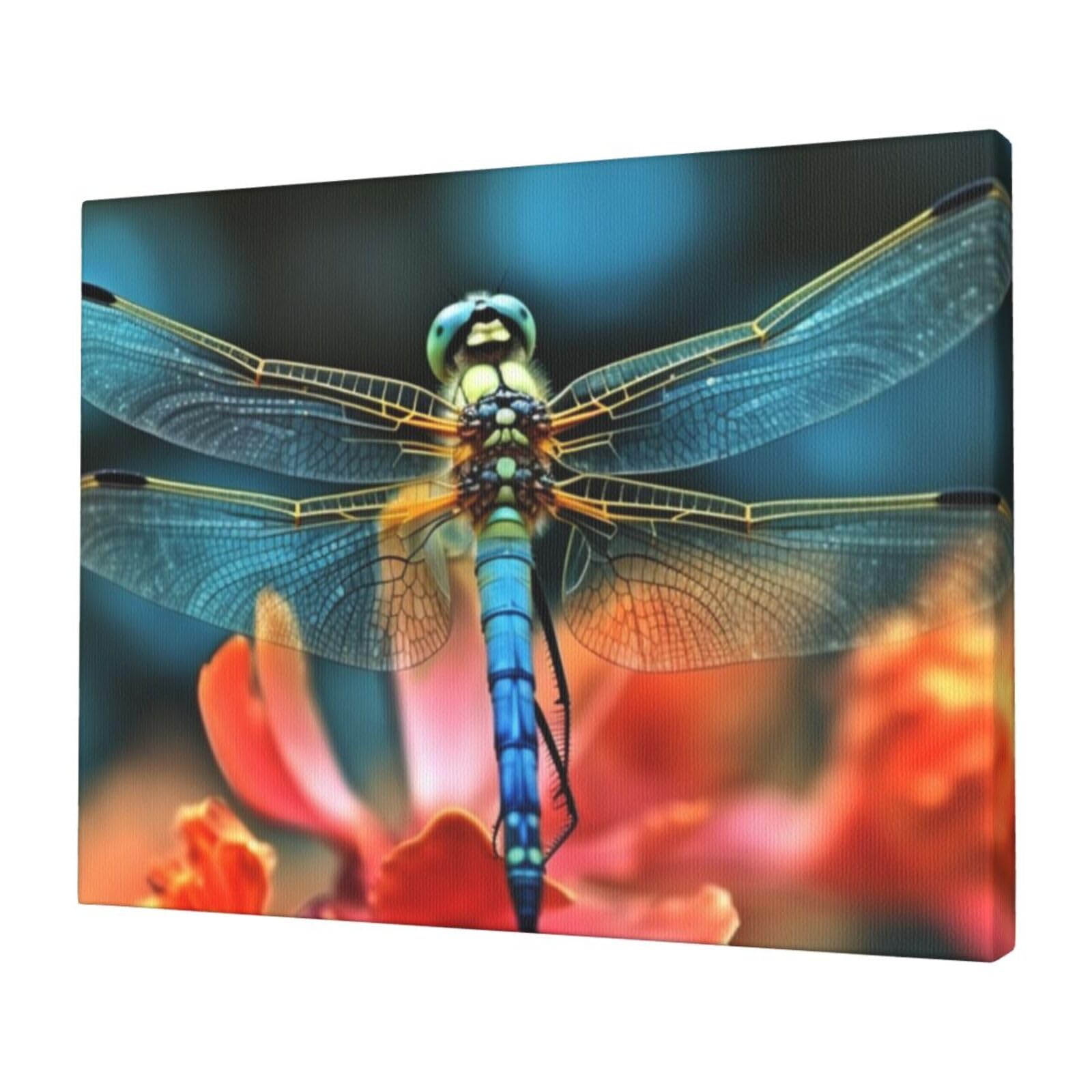 FodPand Canvas Wall Art for Living Room Wall Decor 12"x16" Modern Artwork Painting Pictures Hanging Canvas Prints Dragonfly On The Flower Aesthetic Wall Art for Bedroom Bathroom Office Wallart Decor
