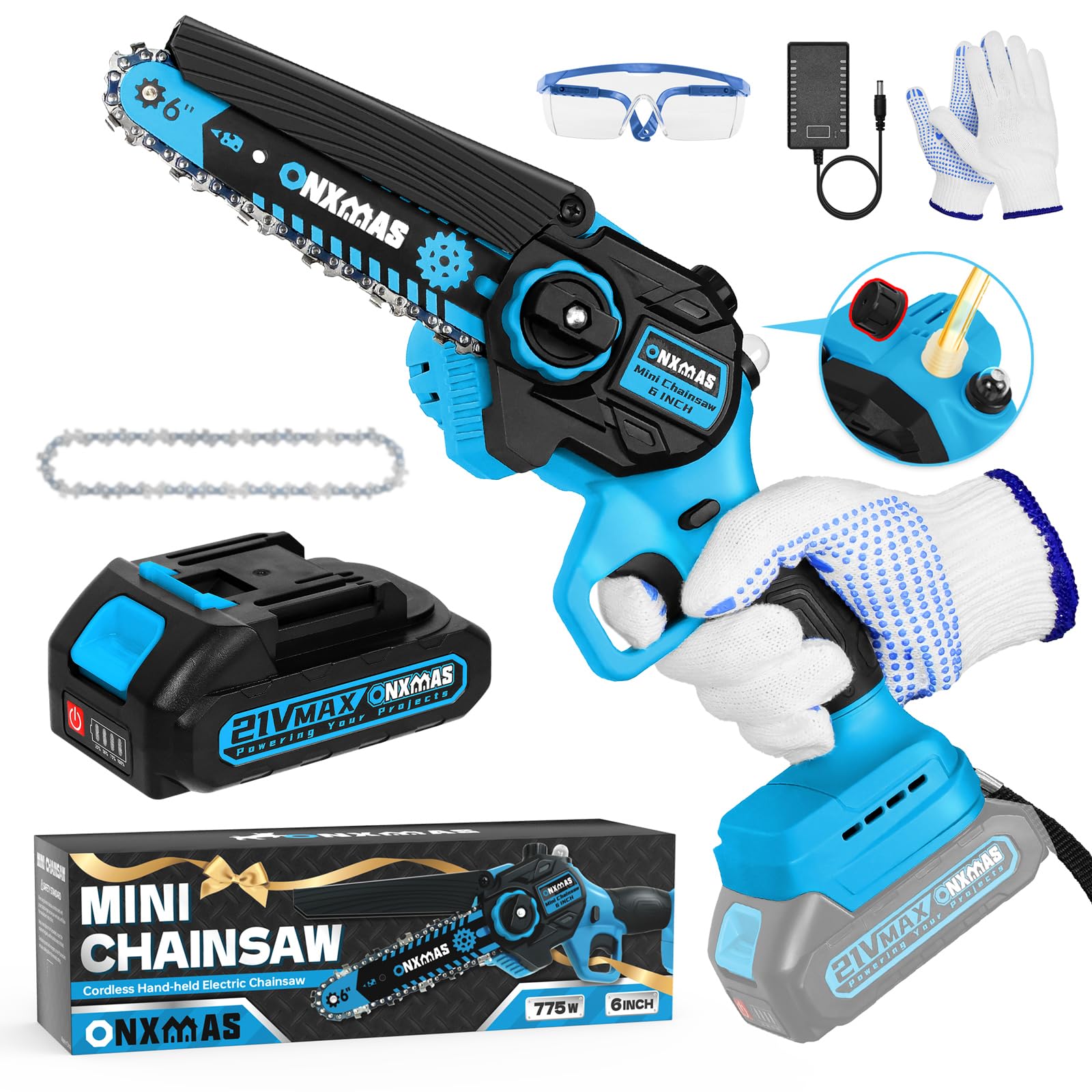 Mini Chainsaw 6 inch Cordless, Wood Ranger Mini Chainsaw with 21V 2.0Ah Battery & Charger, 775W Electric Small Chainsaw Battery Powered with Auto-Olier, Stocking Stuffer for Men Gifts Christmas
