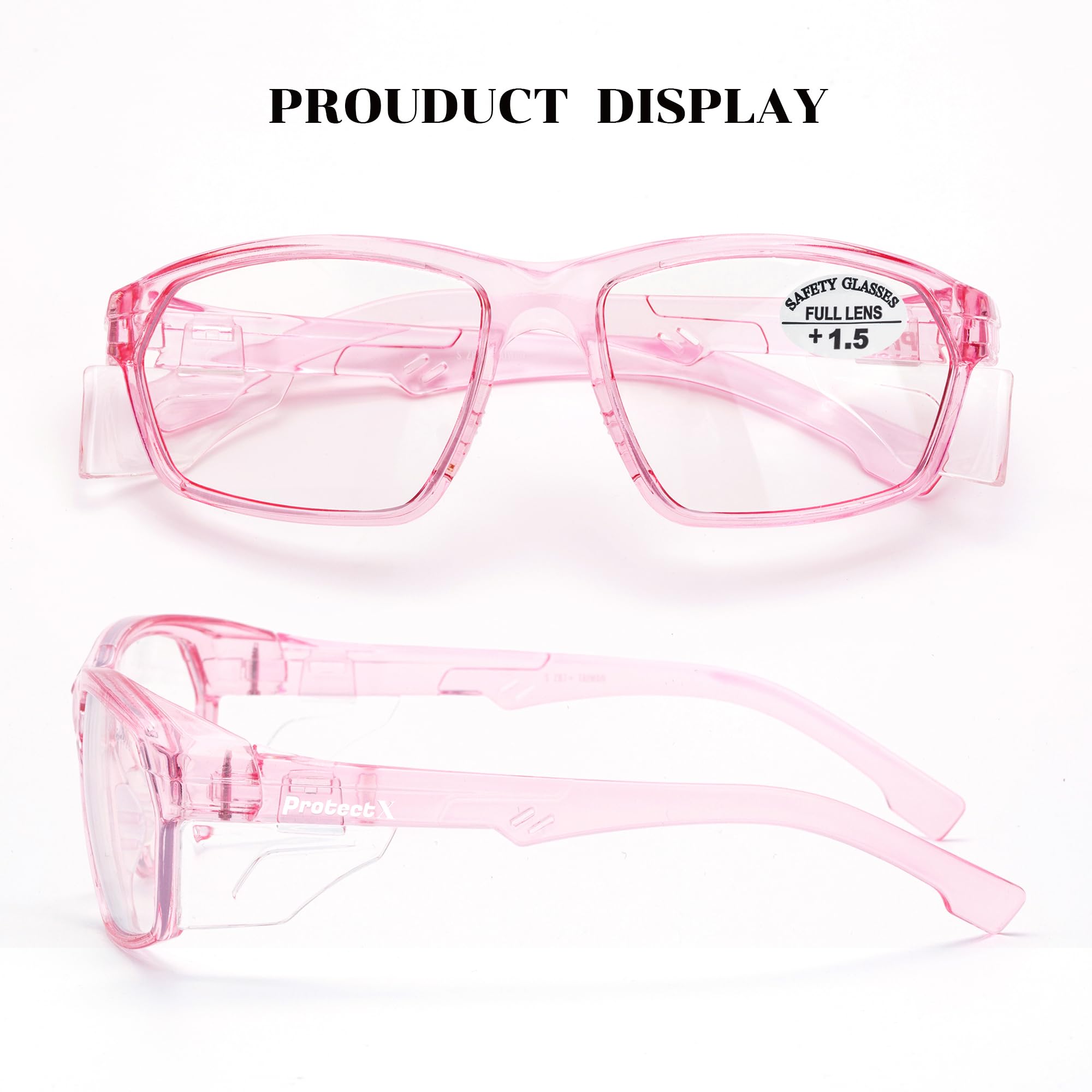 ProtectX Rosa Schutzbrille mit Lesegeräten, Anti-Beschlag-Schutzbrille mit Seitenschildern, ANSI Z87.1 Schutzbrille für Herren Damen Lesebrille 1,5 Dipoter