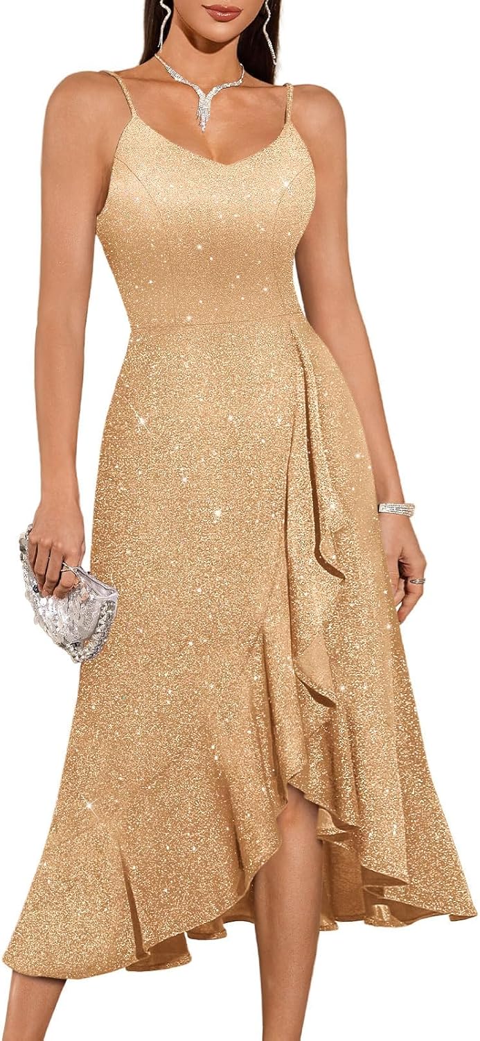 DRESSTELLS Women's Cocktail Party Dress, Formal Wedding Guest High Low Dress, Fit Flare Holiday Prom Dress
