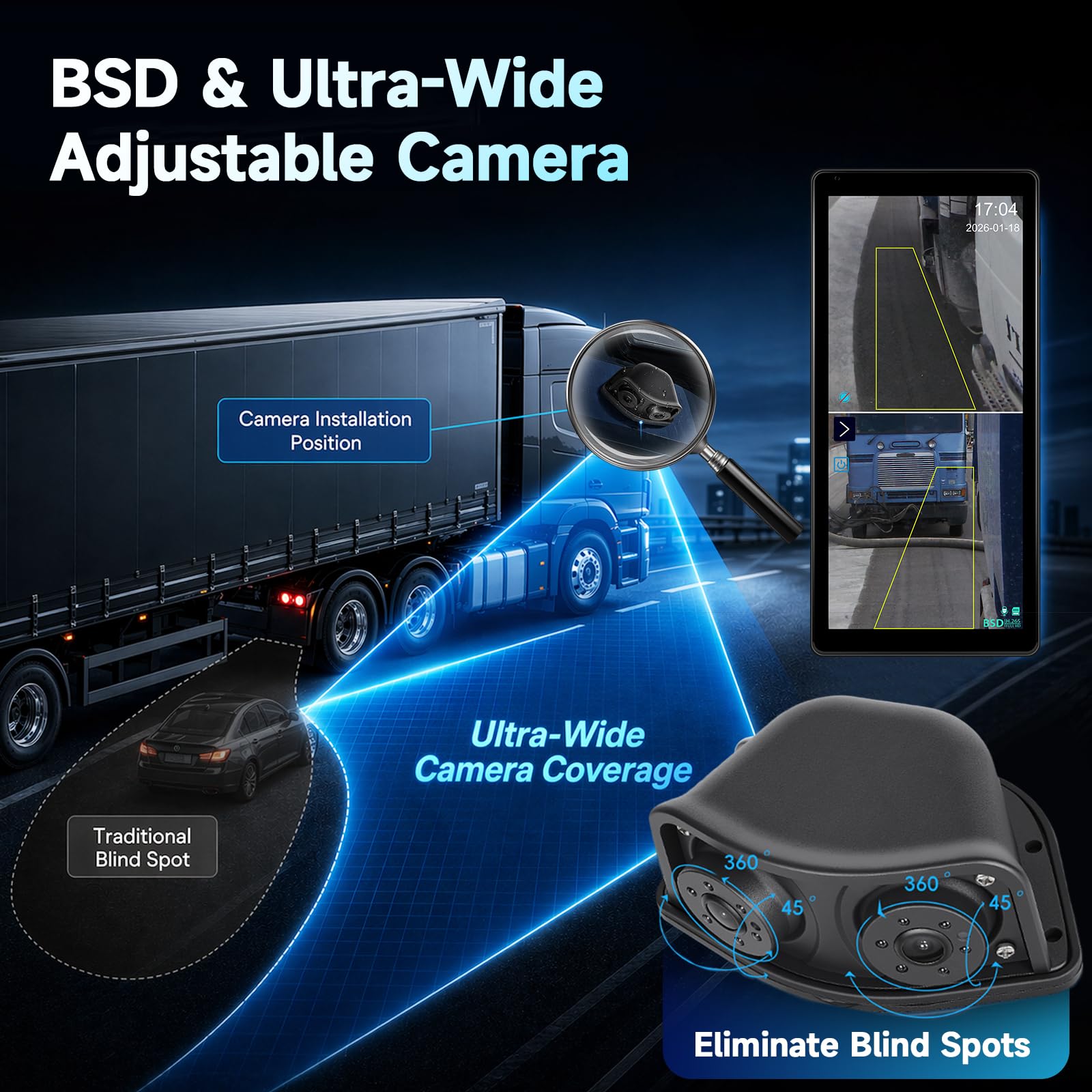 Hodozzy Cámara de Marcha Atrás Kit con Monitor Táctil IPS HD de 10,36 Pulgadas para Visión Nocturna, Camara de Vision Trasera Ajustable de Doble Canal, Cámara Retrovisor con BSD, Grabación Bucle