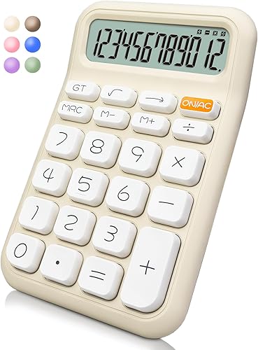 Exlliy Calculadora linda,12 dígitos,Pantalla LCD grande,Calculadora beige Botones grandes,Calculadora de interruptor mecánico,Calculadora de