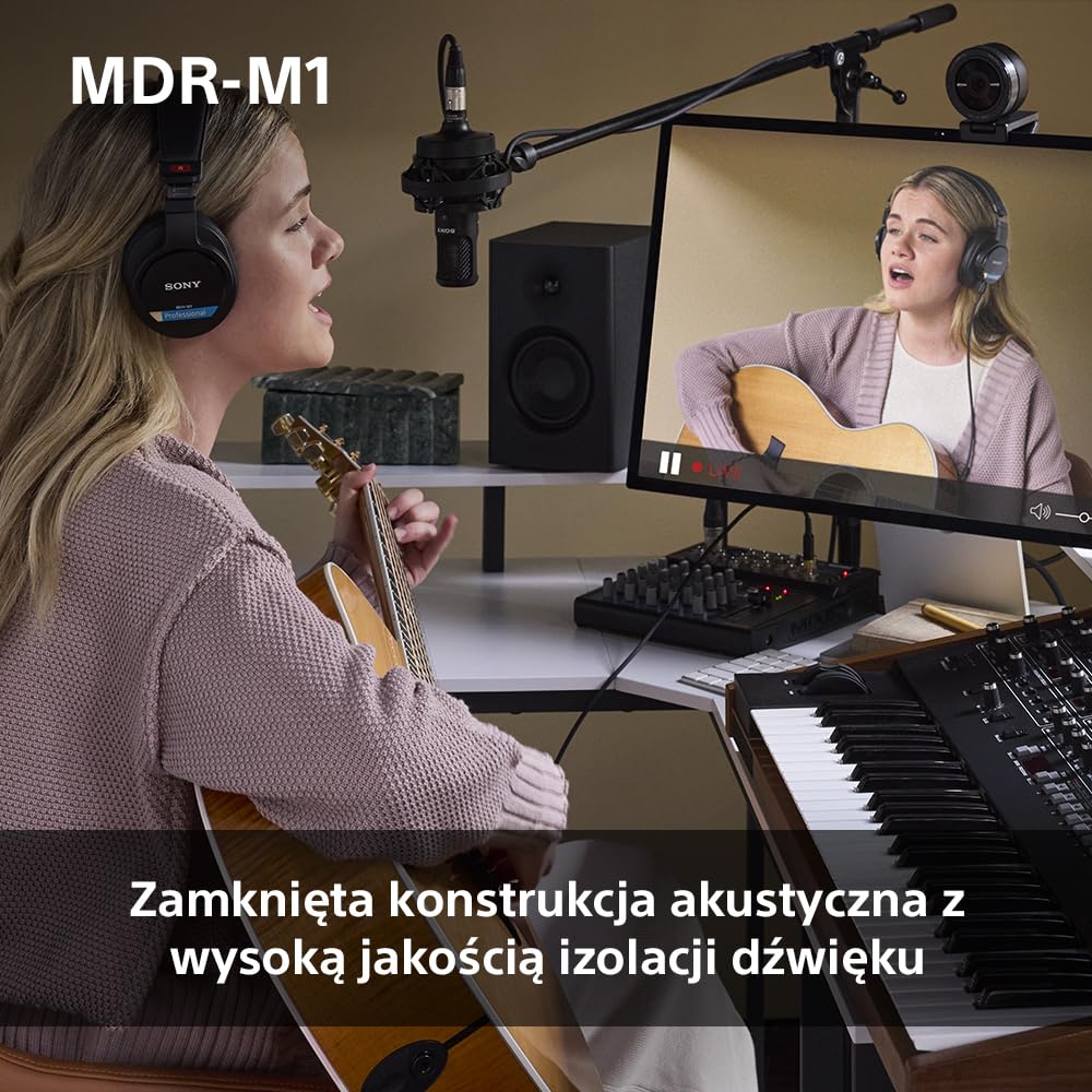 Sony Mdr-M1 Słuchawki Studyjne Zamknięte, Przewodowe, Szerokopasmowe (5 Hz–80 Khz), Optymalne Do Nagrywania i Miksowania w Studio, Lekkie (216G), w Zestawie 2 Optymalnej Klasy Odłączane Kable, Czarne