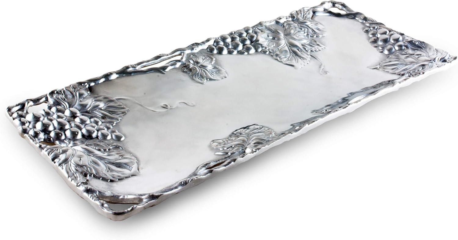 Arthur Court Metal Grapevine Oblong Serving Tray Grape Pattern Sand Casted in Aluminum with Artisan Quality Hand Polished Design Tarnish-Free 19 inch x 8 inch