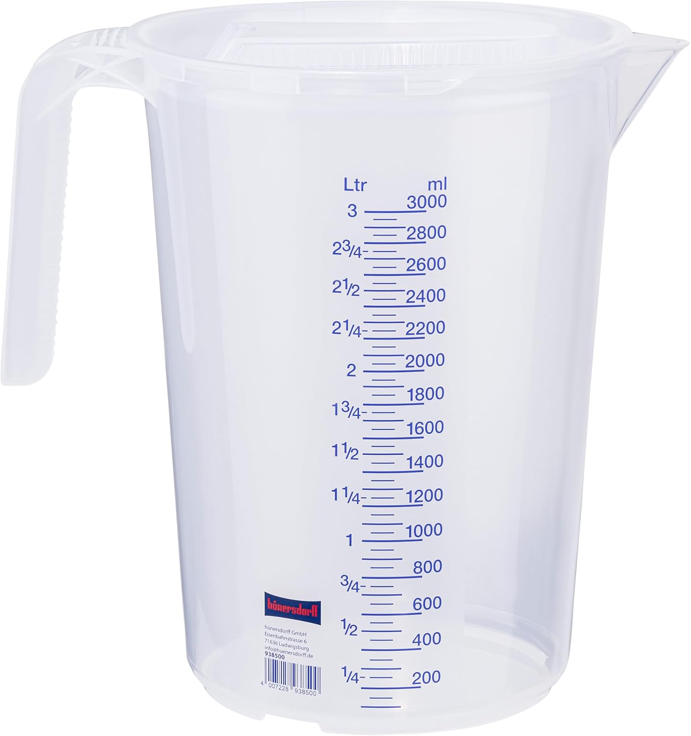 Hünersdorff Measuring Jug 1L with Lid, Shatterproof and Food Grade Polypropylene (PP), Closed Handle, 2 Scale, Clear