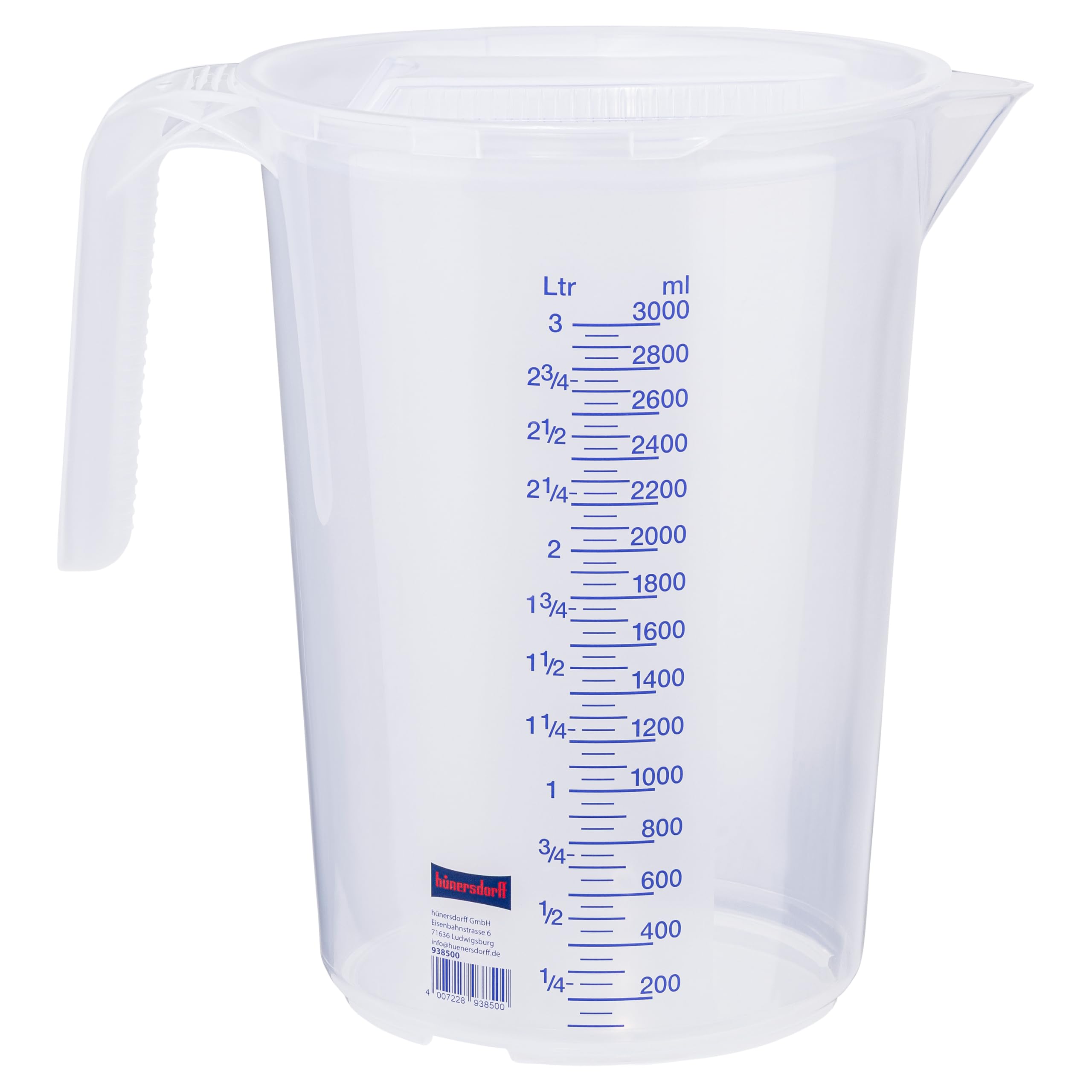 Hünersdorff 3L Measuring Jug with Lid, Shatterproof and Food Grade Polypropylene (PP), Open Handle, 2 Scales, Clear