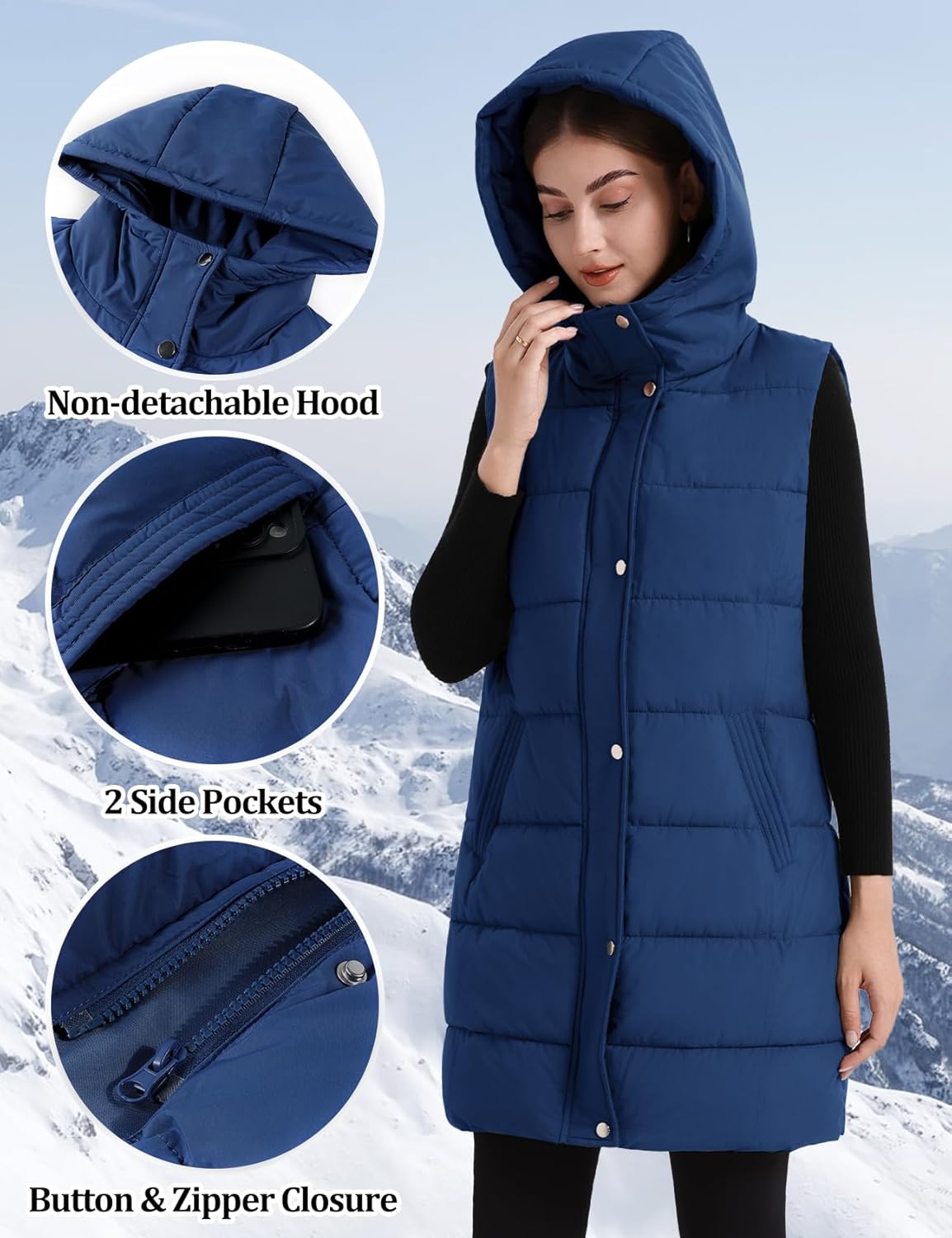 Flygo Long Puffer Vest Women Hooded Sleeveless Winter Jacket Button Zip Up Quilted Vest Padded Outerwear - Image 5