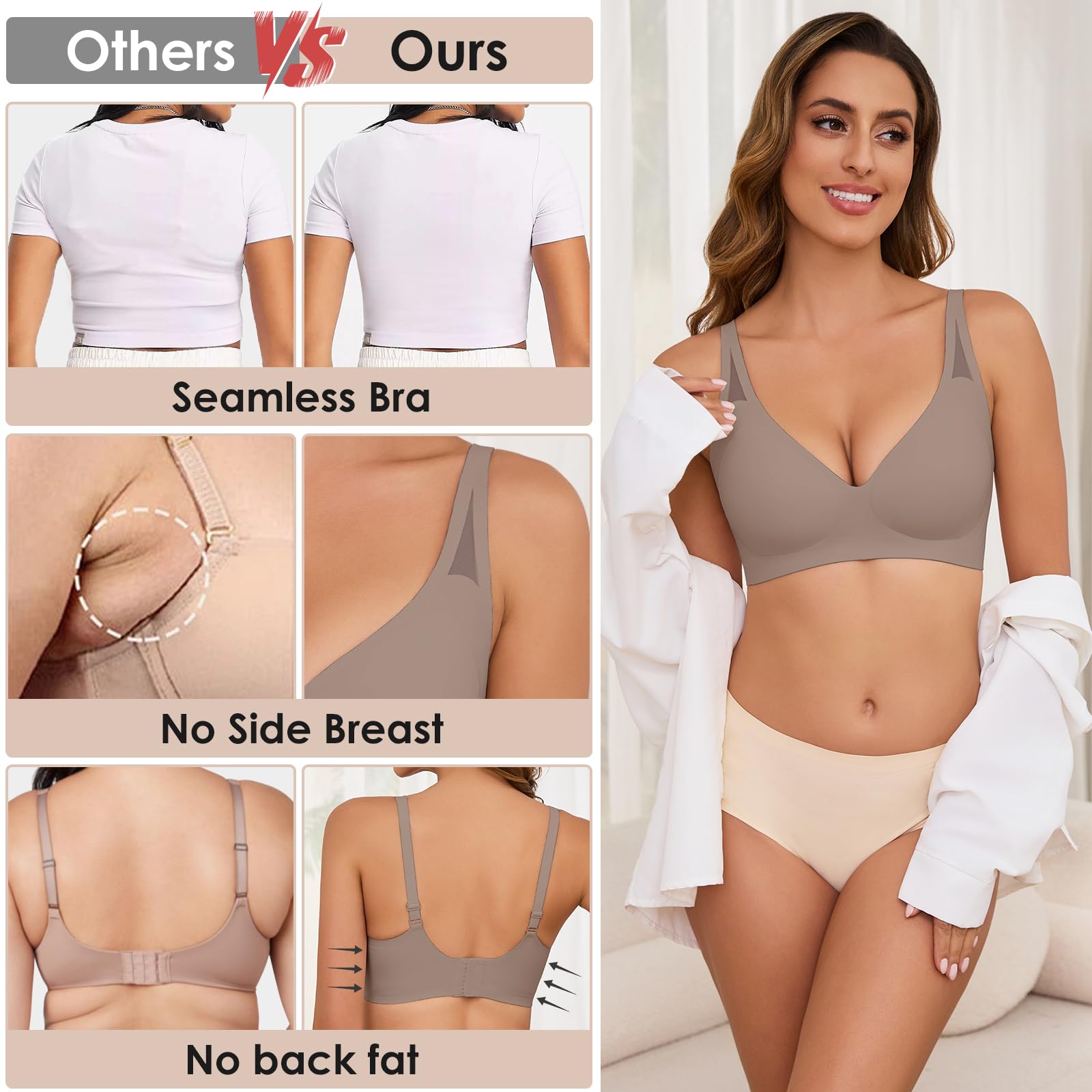 Xnova Donna Reggiseno Senza Ferretto Morbido Imbottito Push Up Reggiseni Senza Cuciture Minimizer Traspirante Bralette con Scollo a V Coppa Piena