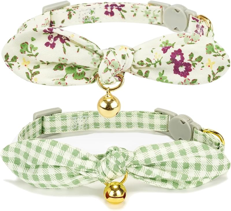Coleira para Gatos de Algodão com Laço Removível, Guizo e Fecho de Segurança Petiry, Check+Green, Pacote com 2