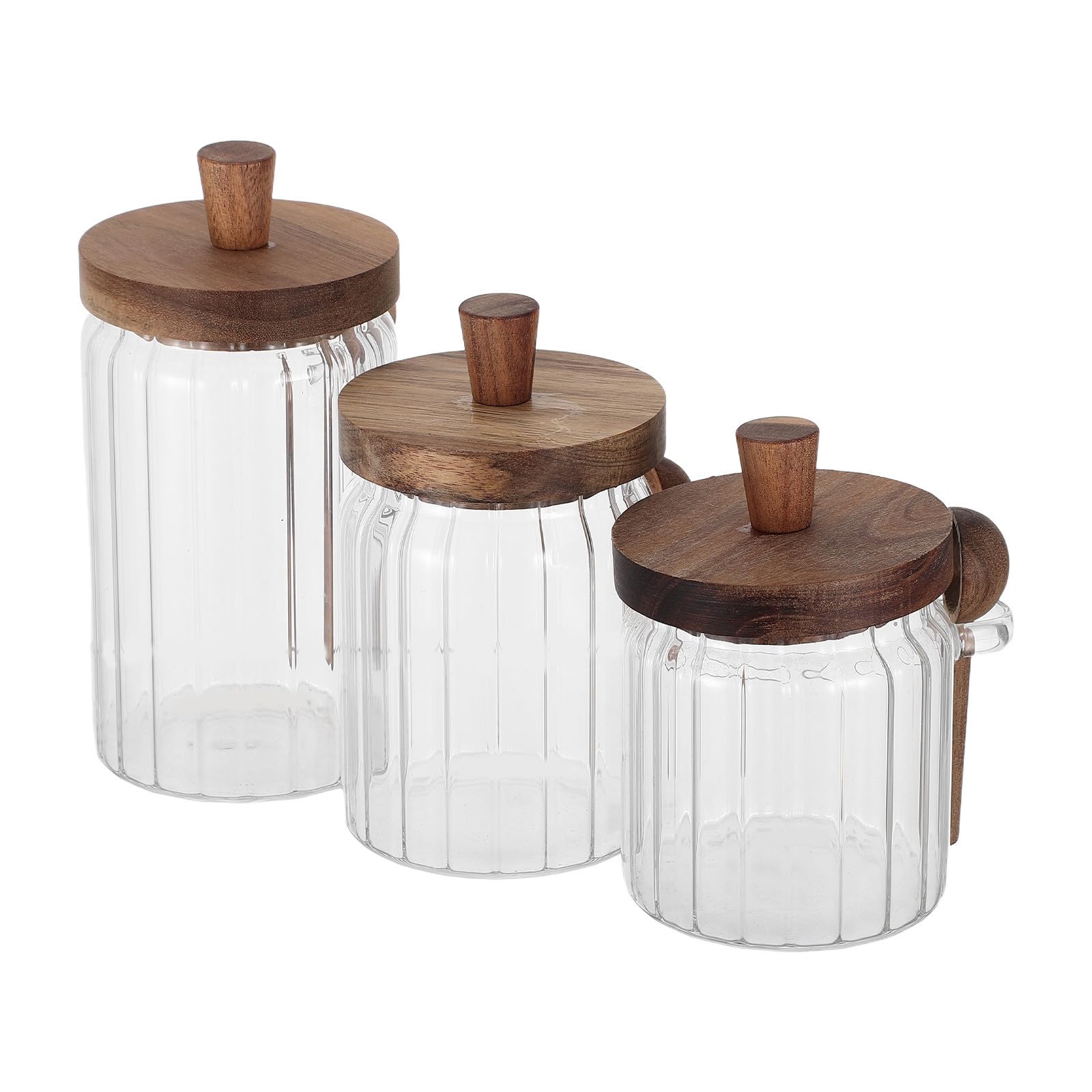 3 Set Barattoli in Vetro Trasparente con Coperchio in Legno e Cucchiaio Integrato, Ermetici con Chiusura senza Cuciture, Capacità 450ml per Conservazione Spezie in Cucina