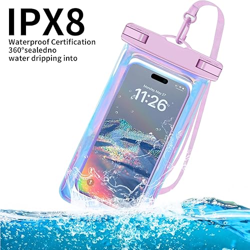 Miniatura 4 de Paquete de 2 bolsas impermeables universales iridiscentes de hasta 8.3 pulgadas, bolsa seca grande impermeable para teléfono, nivel de protección