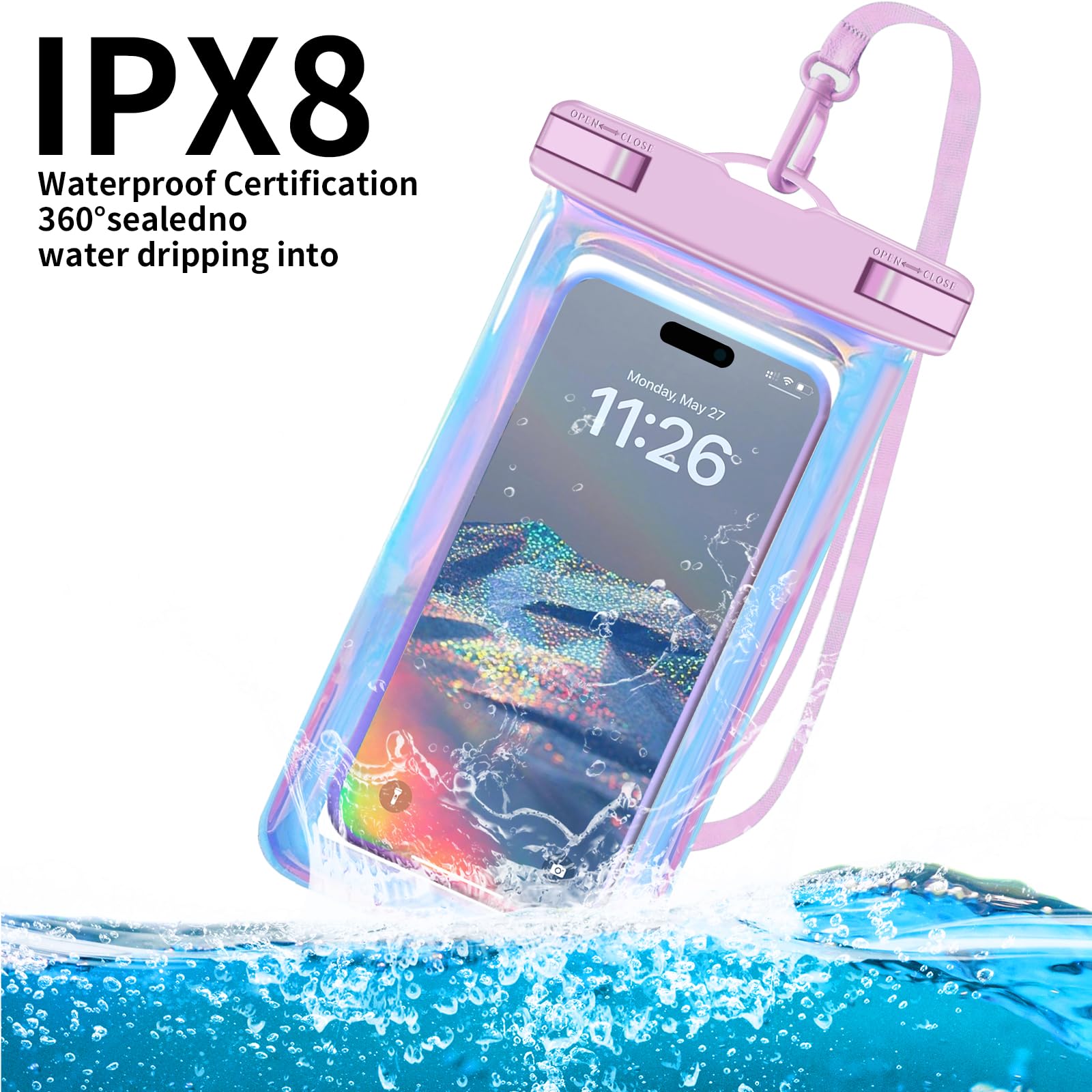Famoby Paquete de 4 bolsas impermeables iridiscentes para teléfono, funda impermeable para teléfono celular, nivel de protección: IP68, crucero por la playa para iPhone, Samsung y más, cordón incluido