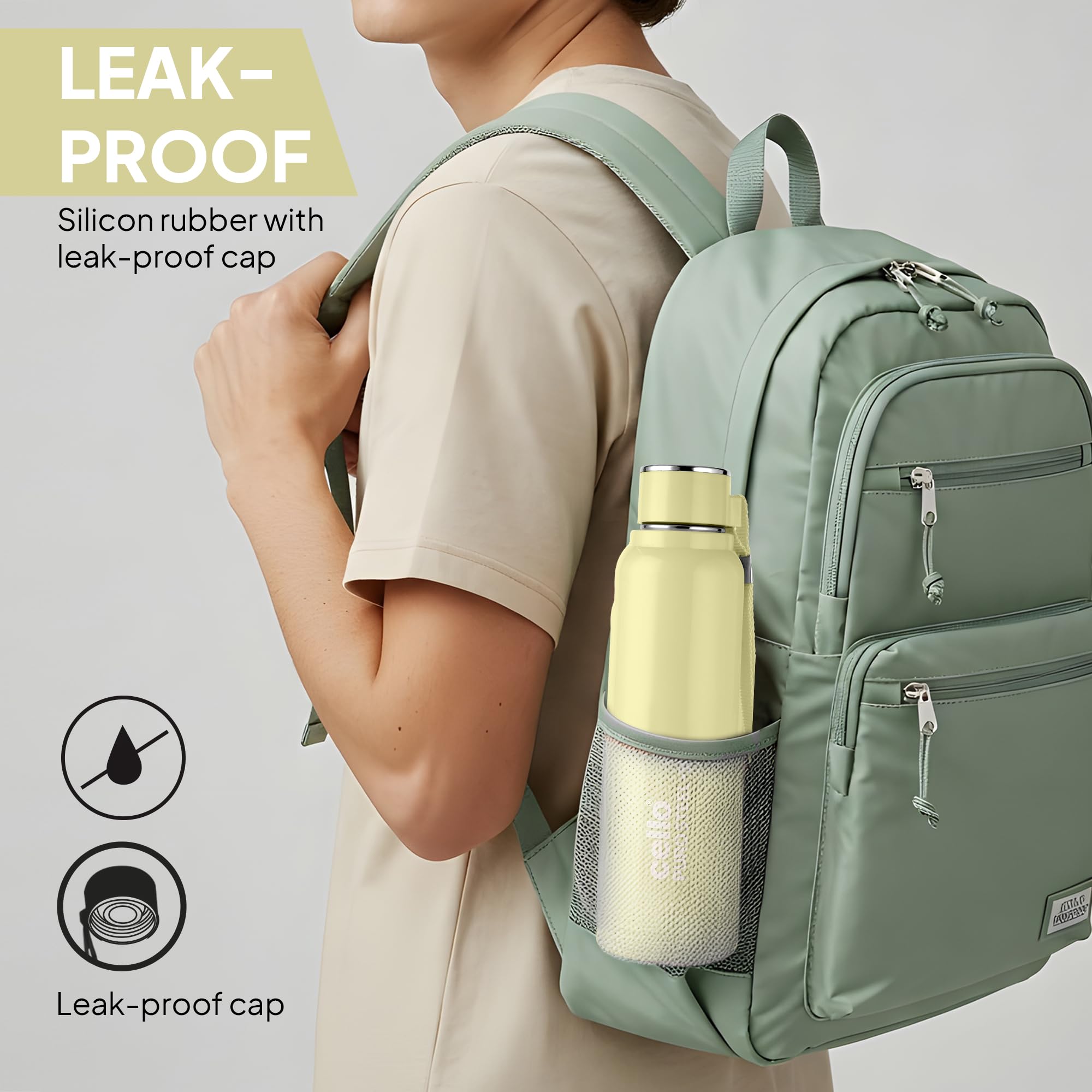 Cello Puro Steel-X Benz 900 PU Insulated Water Bottle 900 ml, Green | BPA Free, Leakproof, ISI Certified |Hot & Cold Bottle for Gym, Office, College, Travel, Camping, Indoor & Outdoor Sports & Yoga 2