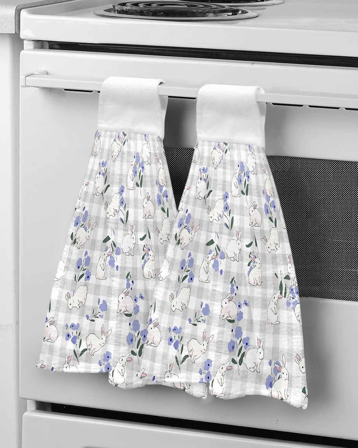 Easter Bunny Kitchen Hand Towels with Hanging Loops Set of 2 Spring Purple Flower Rustic Farmhouse Grey Plaid Soft Thick Oven Fingertip Dry Microfiber Tie Dish Towel Absorbent Cleaning Washcloth