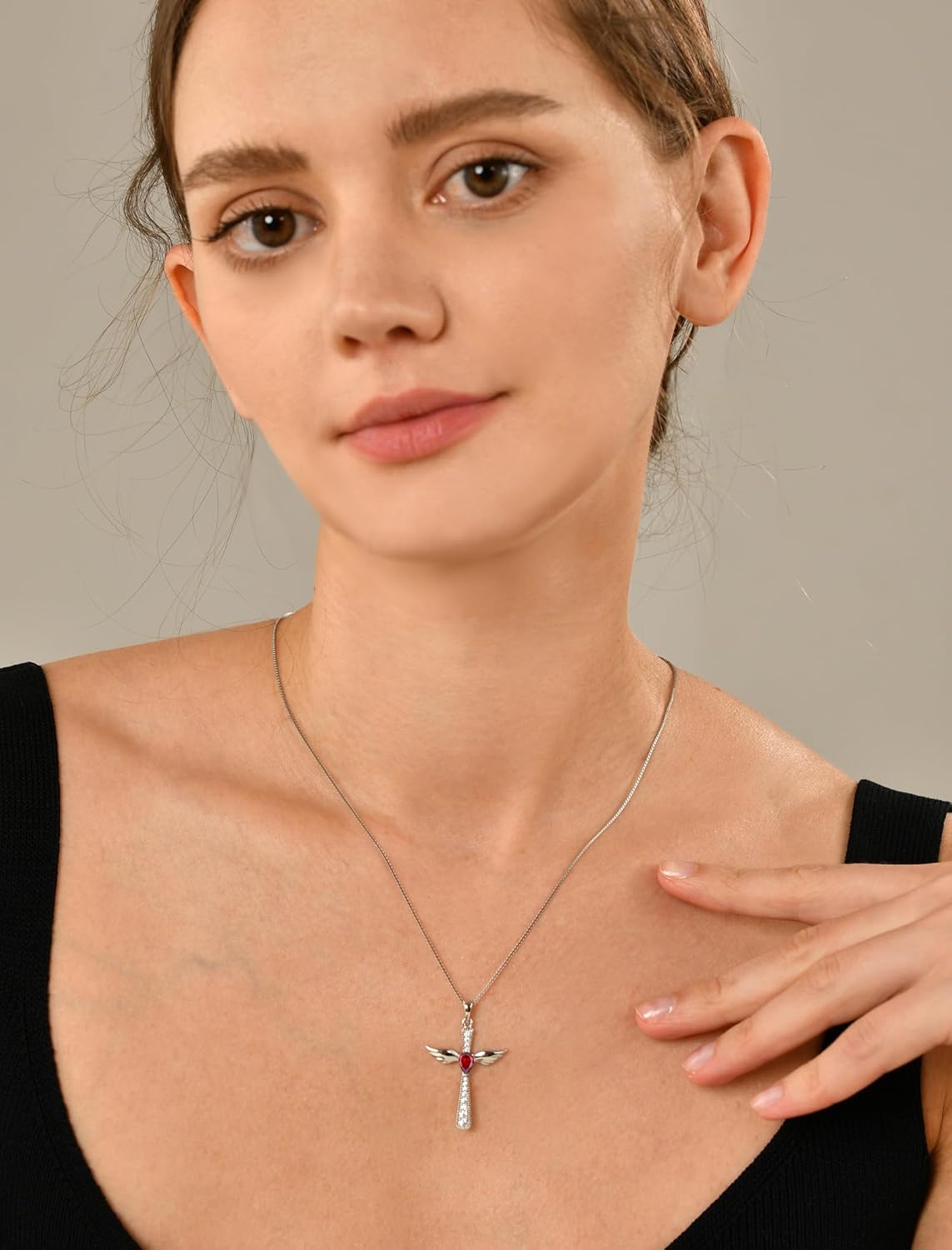YL Cross Necklace 925 Sterling Silver Angel Wings Pendant Teardrop Birthstone Criss Jewelry for Women - Image 2