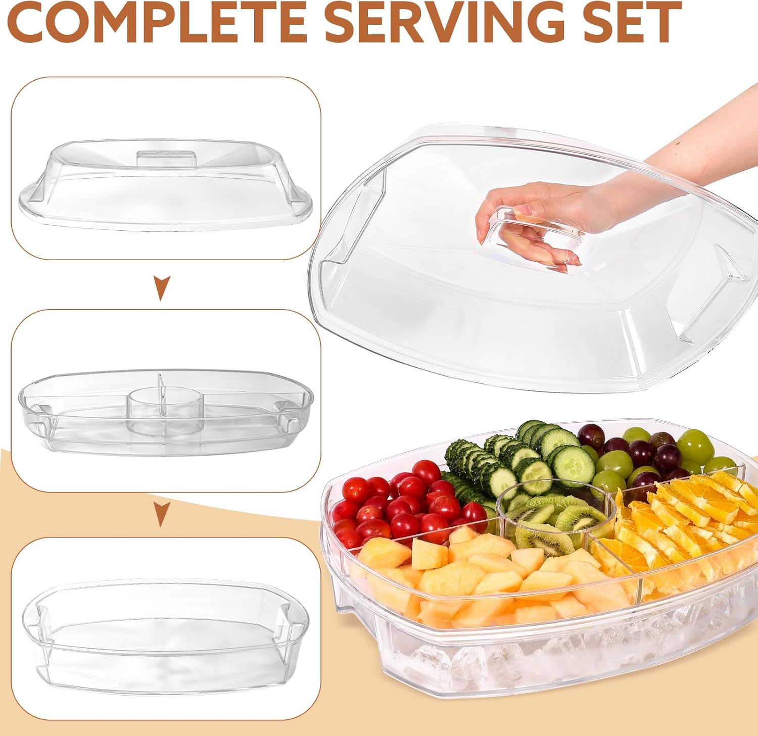 Large Capacity Ice Serving Tray, Fruit Trays for Serving for Party, Chilled Vegetable/Veggie Tray, Shrimp Cocktail Serving Dish- 15 Inch Chilled Party Platter with Lid and 4 Compartments