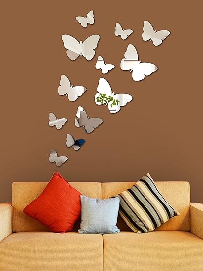 Wall1ders 12 Butterflies 3 Sizes Mirror Stickers (Silver), Mirror Stickers for Wall.