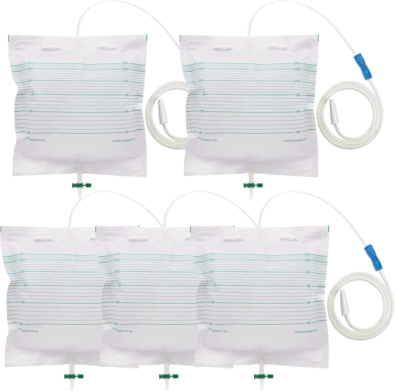 5 x 3000 ml urine bag catheter bag with 97 cm extended hose urine drainage bag with anti-reflux catheter night bag urine bag drainage bag for incontinence sterile packed
