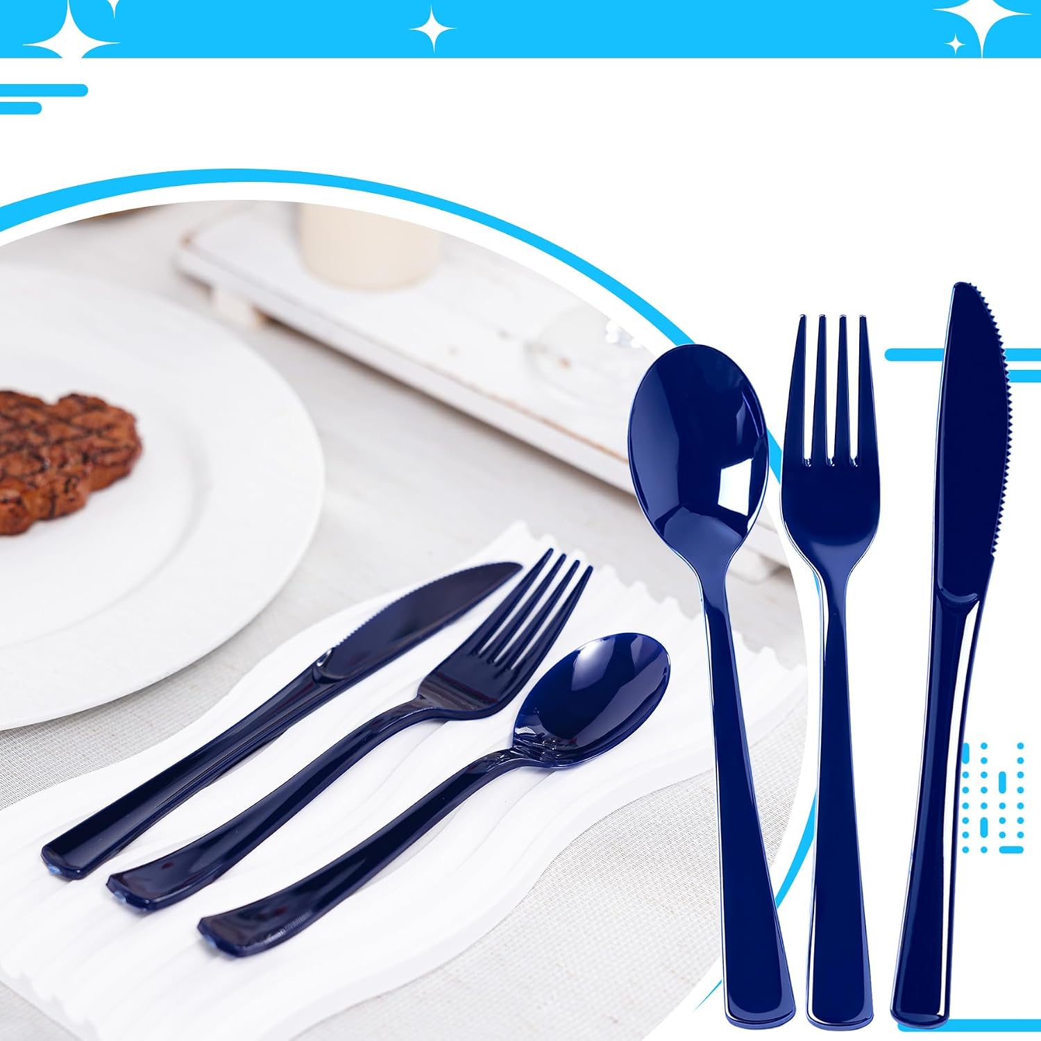 300 Count Navy Blue Plastic Silverware, Heavy Duty Disposable Cutlery Set, 100 Forks,100 Spoons and 100 Knives, Plastic Utensils Set for Party, Birthday, Wedding