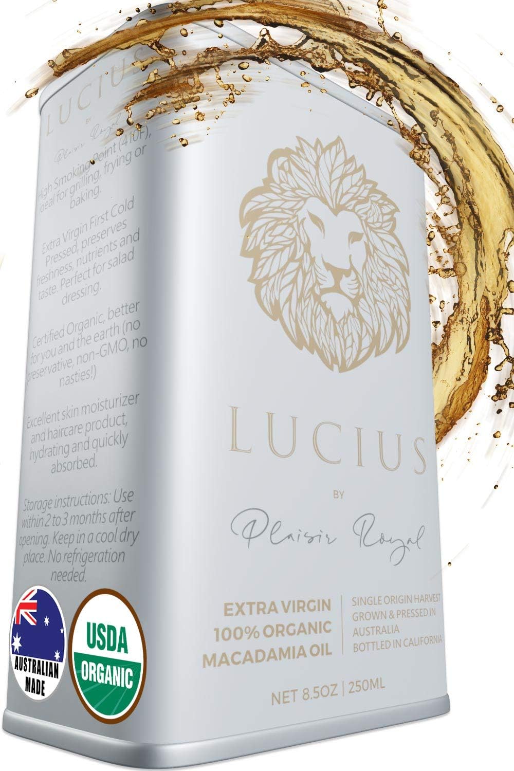 Lucius Organic Macadamia Oil 8.5Oz (2 pack) - 100% Raw Australian Mac Nut - Pure, Cold Pressed, Food Grade for Cooking or Hair & Skin - Natural Conditioner, Repair Mask & Deep Body Treatment