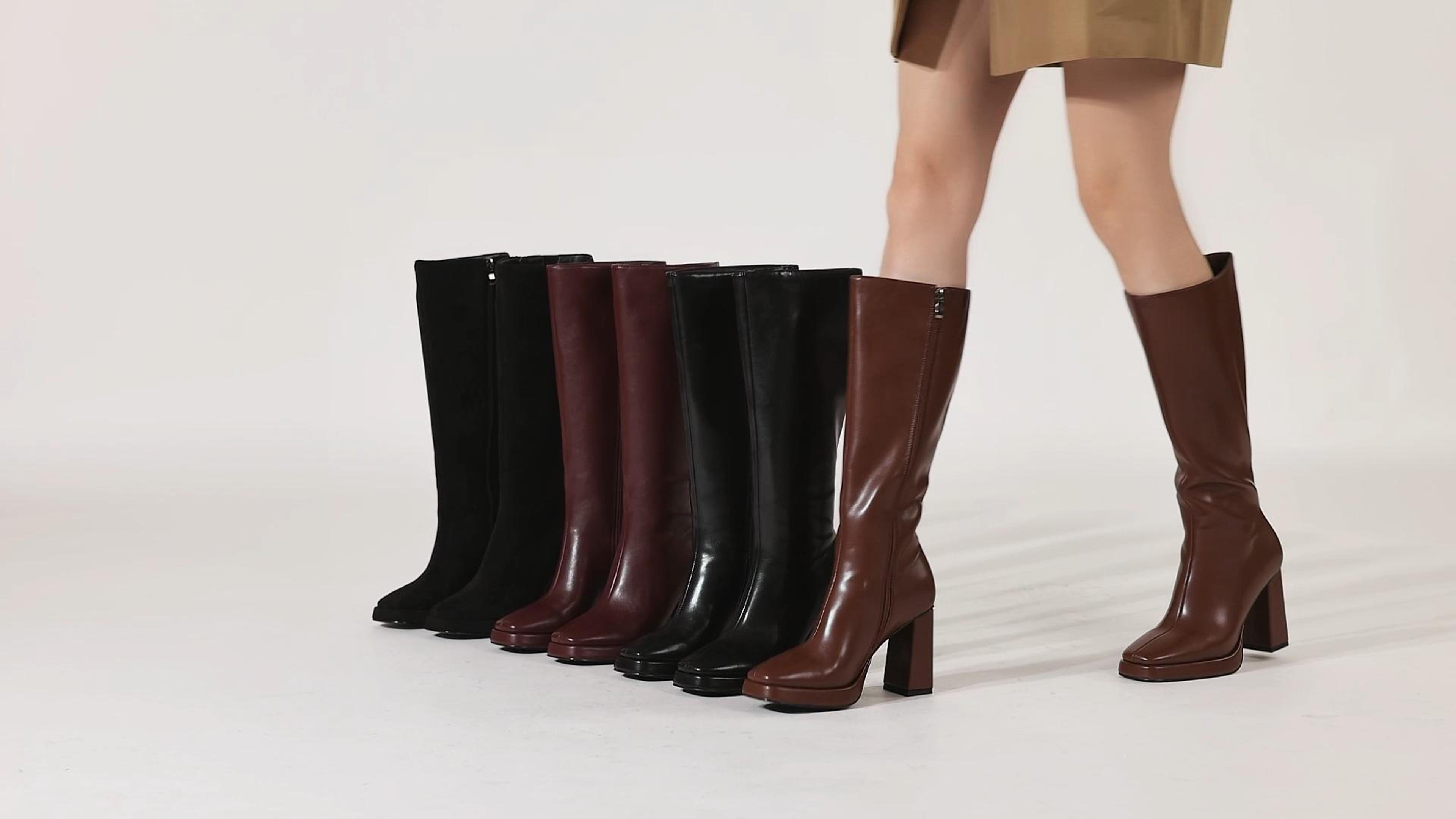 Black Platform Knee High Boots for Women Square Toe Chunky High