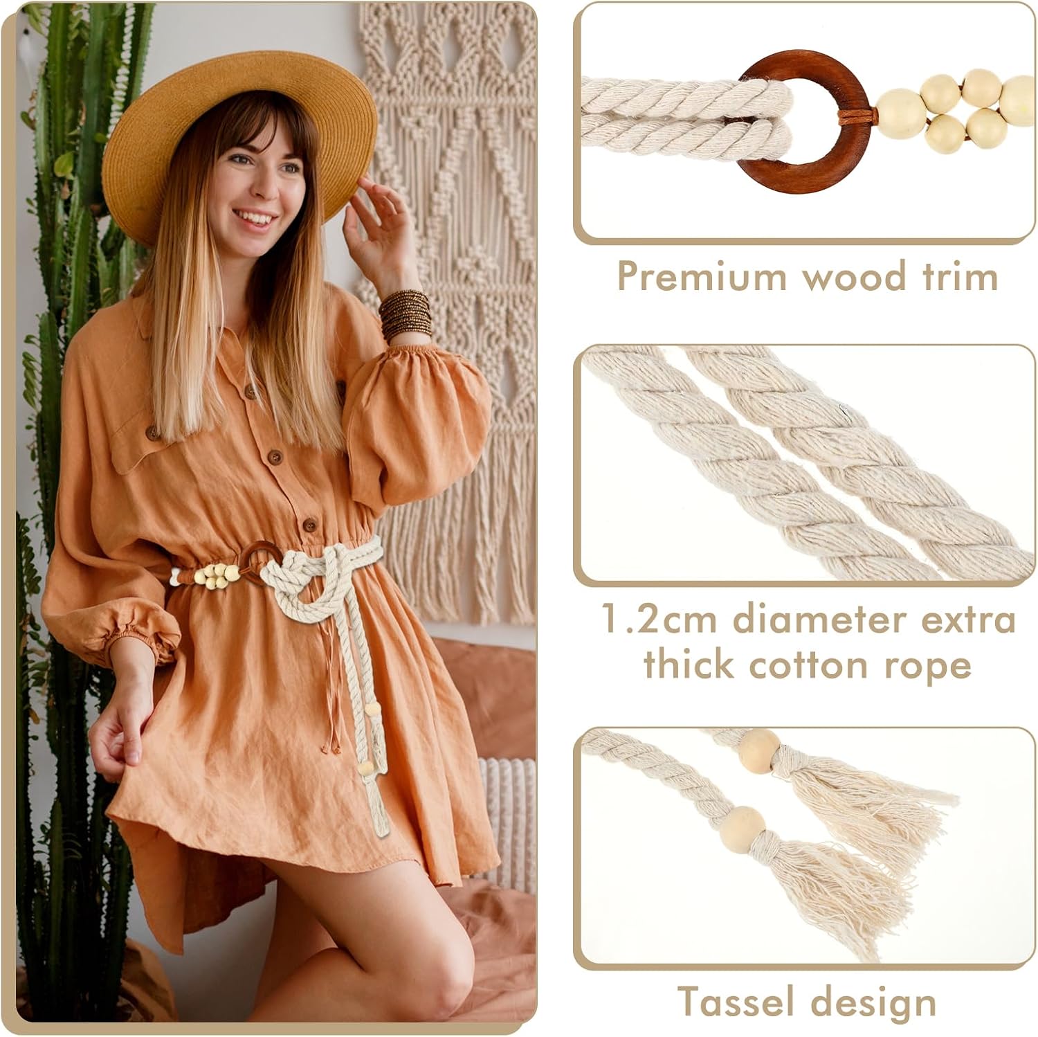 TIESOME Women's Tassel Braided Waist Belt, Skinny Woven Belt for Dress Waist Belt Rope Chain with Woven Wooden Beads