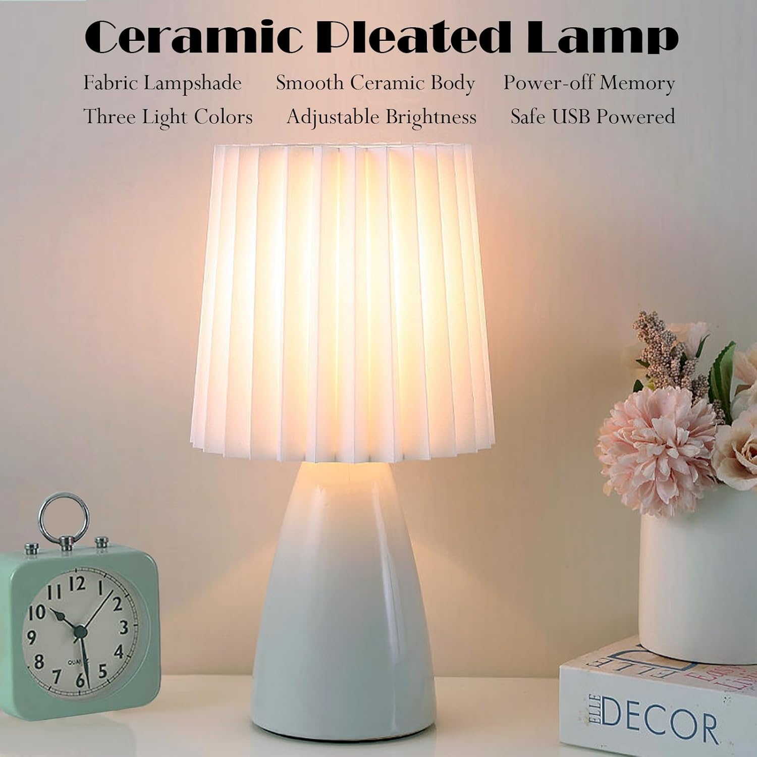 Cute Stylish Small Night Lamp, Pleated Fabric Lampshade, Ceramic Body, Adjustable Light Color and Brightness with Power-Off Memory, Safe USB Powered, LED Bedside Light (White)