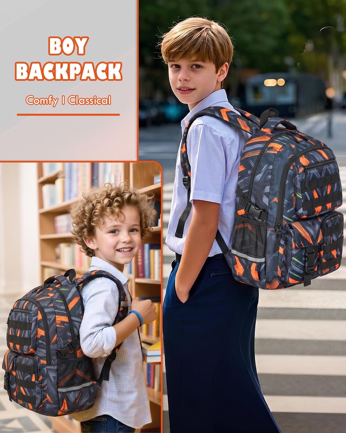 School Backpack for Boys Lightweight Bookbag for Kids Children Teens Elementary Middle School, Camo Boys Backpacks Back to School Gifts, Orange Line