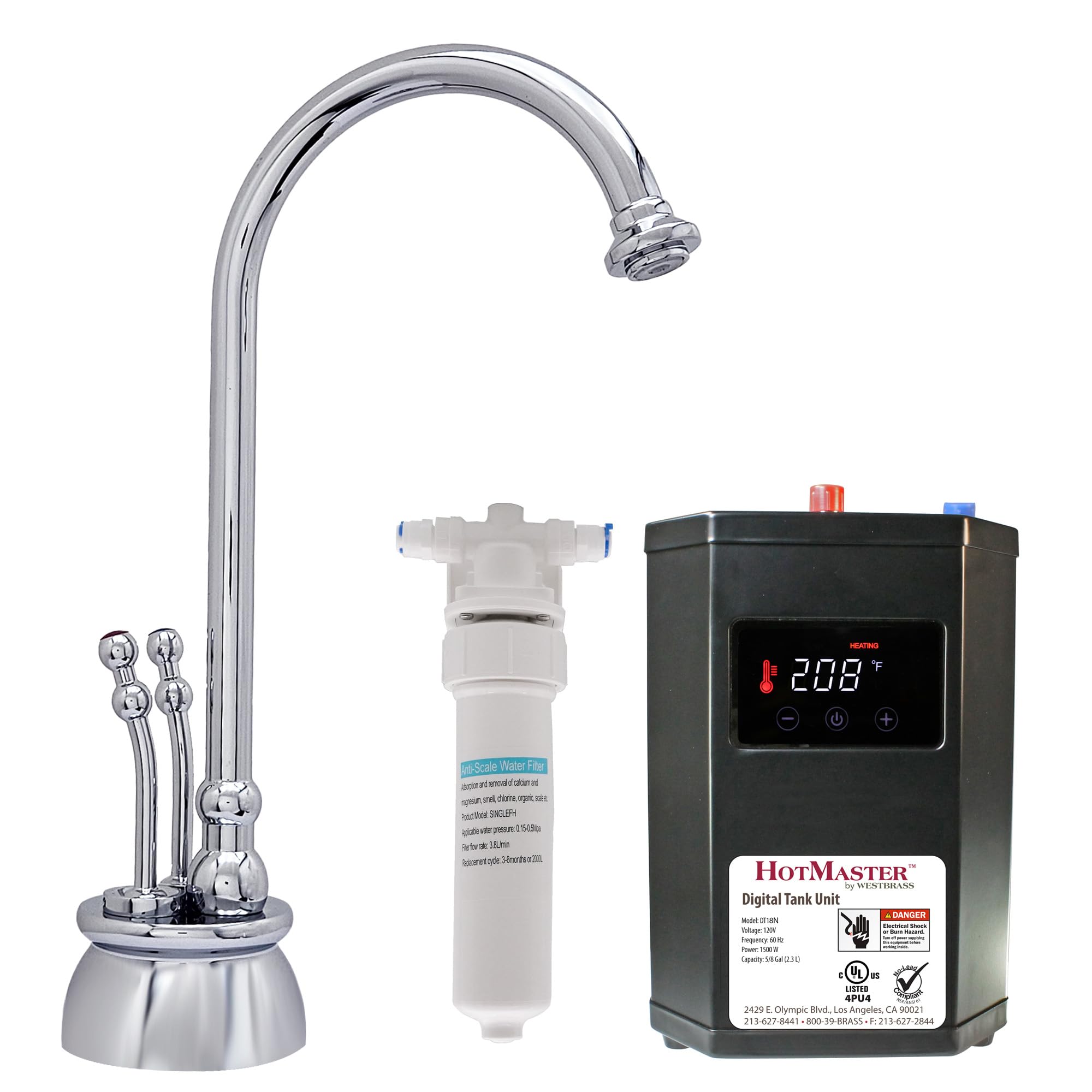 Westbrass DT1F262-26 Docalorah 10" 2-Handle Hot and Cold Water Dispenser Faucet with Digital Tank and Filter, Polished Chrome