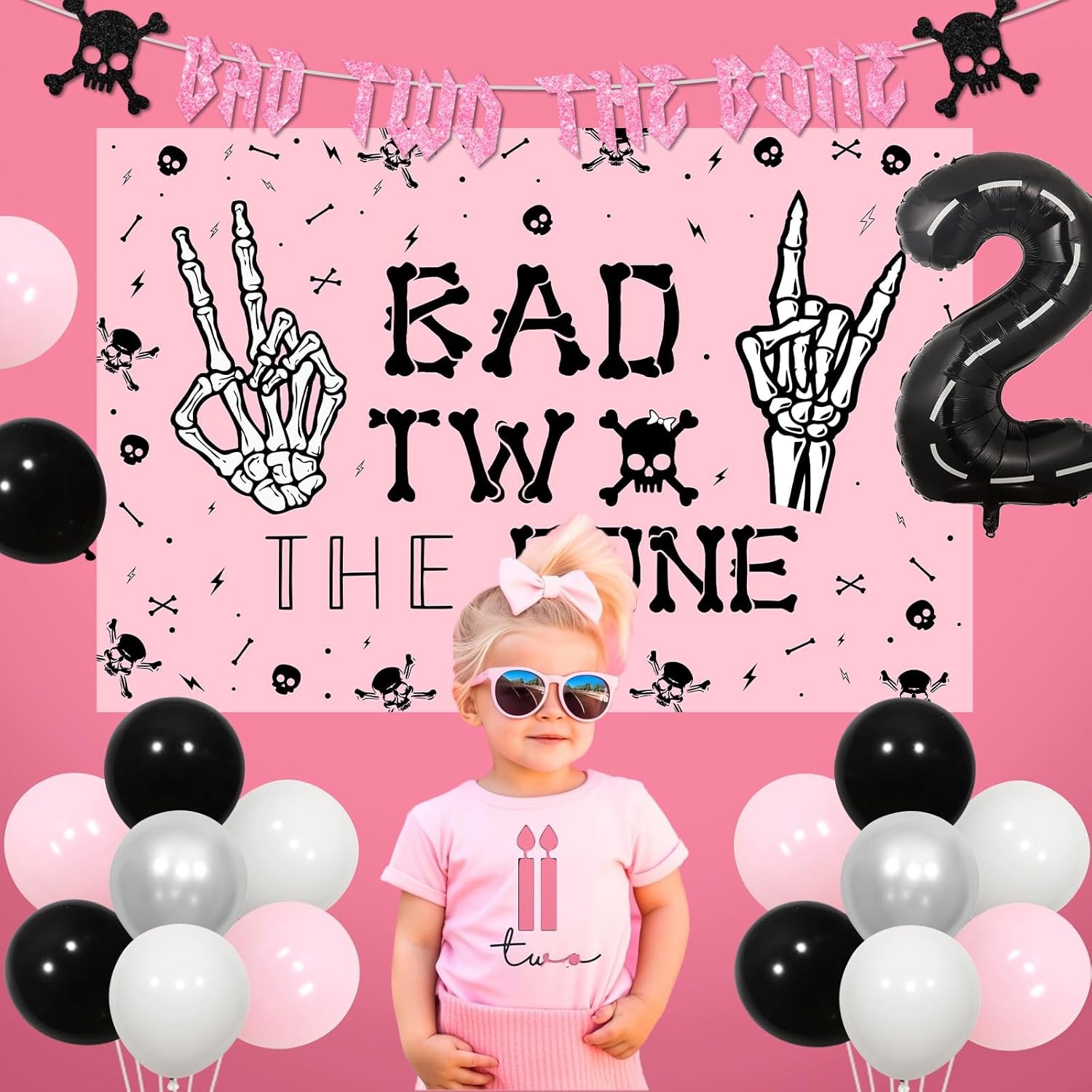 Jollyboom Bad Two the Bone Birthday Decorations for Girl, Pink Glitter Rock and Roll Music Theme 2nd Birthday Skeleton Skull Backdrop Banner Cake Cupcake Topper Number 2 Balloon for 2 Year Old Bday