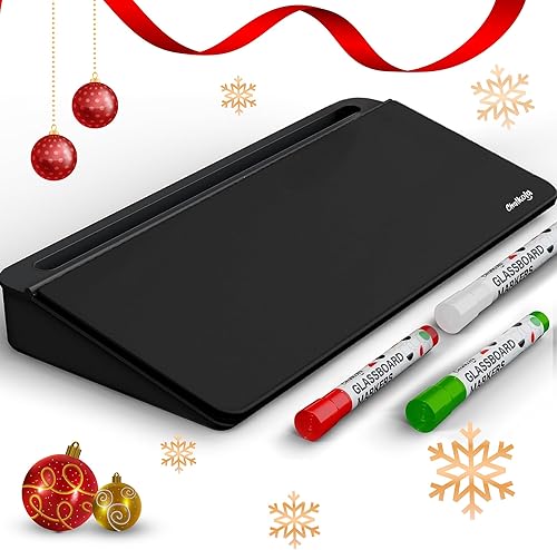 Chalkola Pizarra blanca de escritorio de vidrio negro con almacenamiento, pizarra de borrado en seco, organizadores de escritorio de trabajo,