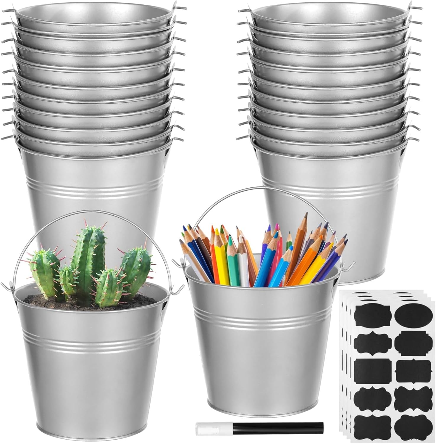 30 Pcs Small Galvanized Metal Buckets, 5.1 X 4.5 in Mini Iron Pails with Handle, Chalk Marker, Erasable Stickers, for DIY Projects, Flower Pots, Wedding Decorations, Home Accents