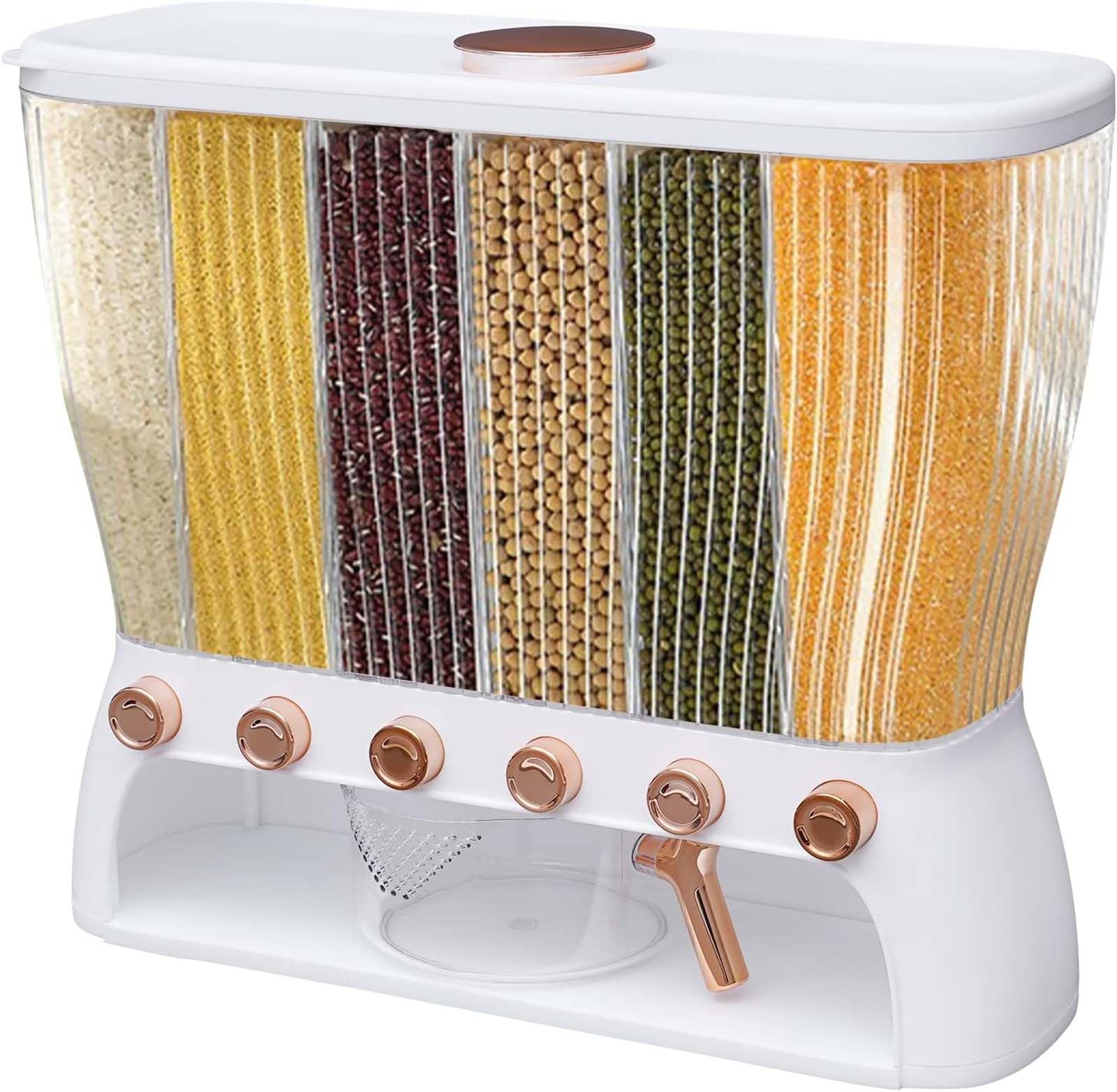 SUPER FOREST Food Dispensers,Food Storage,6 Grid Rice Storage Dry, Grain Dispenser with Measuring Cup, 22 Lbs Grains Container，for Small Grains, Coffee Beans