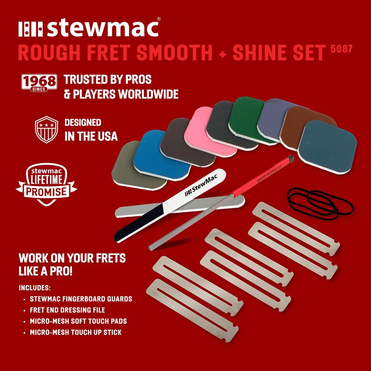 StewMac Rough Fret Smooth + Shine Set, Guitar Fret End Dressing And Polishing Kit for Guitar Maintenance (5087)
