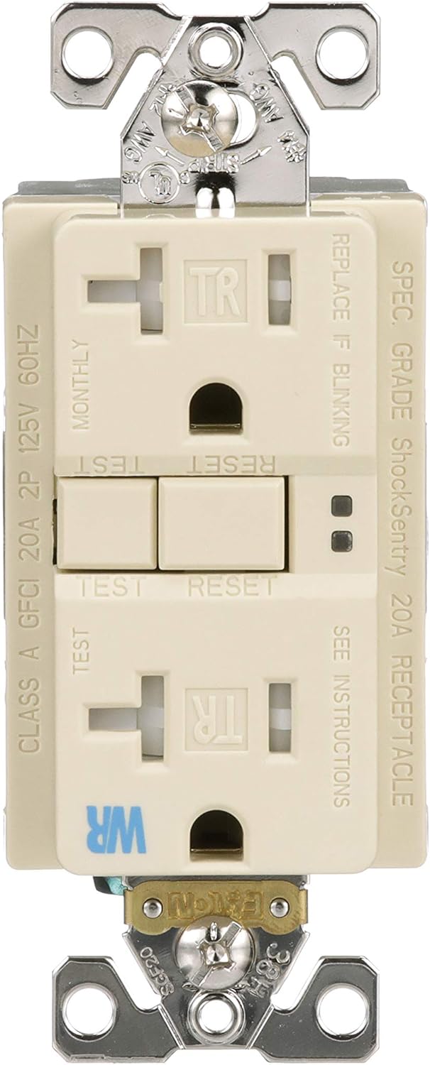 EATON TWRSGF20V Arrow Hart Tamper and Weather Resistant Duplex Gfci Receptacle, 125 Vac, 20 A, 2 Pole, 3 Wire, Ivory