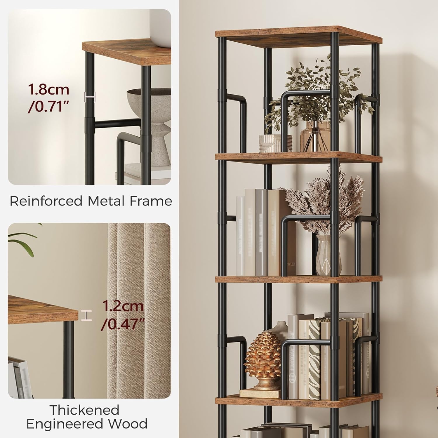 MAHANCRIS Bücherregal mit 5 Ebenen, Drehregal Regal mit Buchstützen, 30 x 30 x 158,7 cm, Standregal für Kleine Räume, Industrie-Design, für Wohnzimmer, Schlafzimmer, Braun und Schwarz ABKHR1601