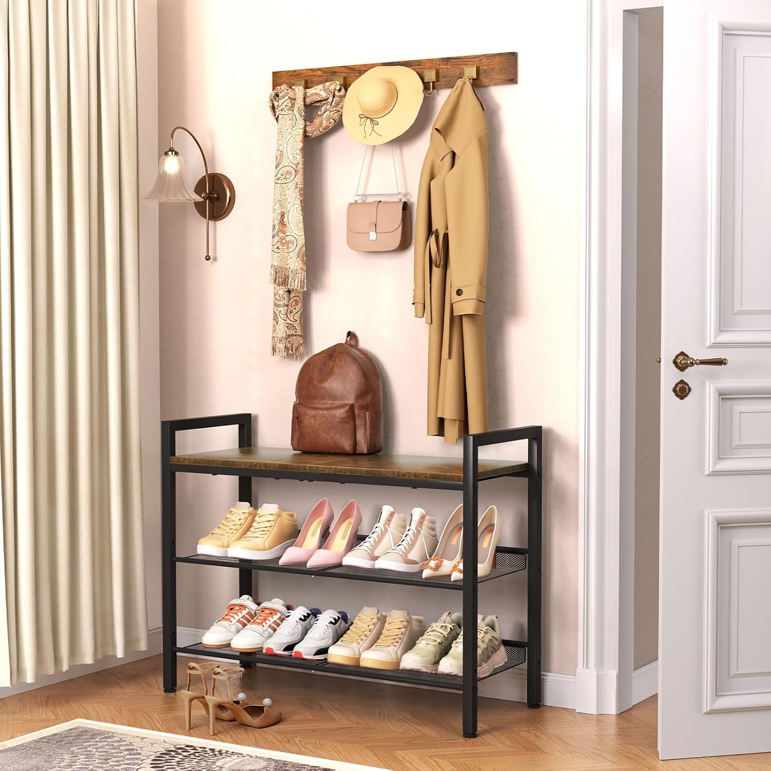 Shoe Rack for Front Door Entrance, 3 Tier Shoe Rack for Entryway, Shoe Shelf for Closet, Metal Shoe Rack Organizer with Sturdy Wooden Top & Steel Frame,(Black+Rustic Brown)