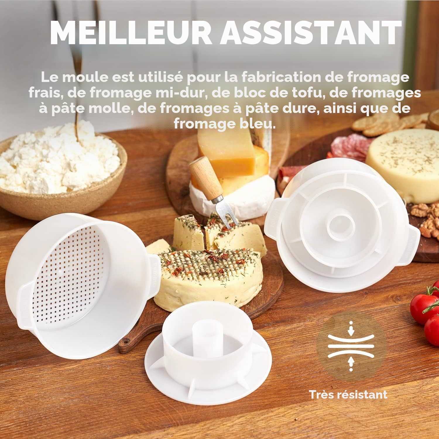 Kit de fabrication de fromage - Moule à fromage avec piston suiveur - Étamine - Panier de fabrication - Chiffon en coton