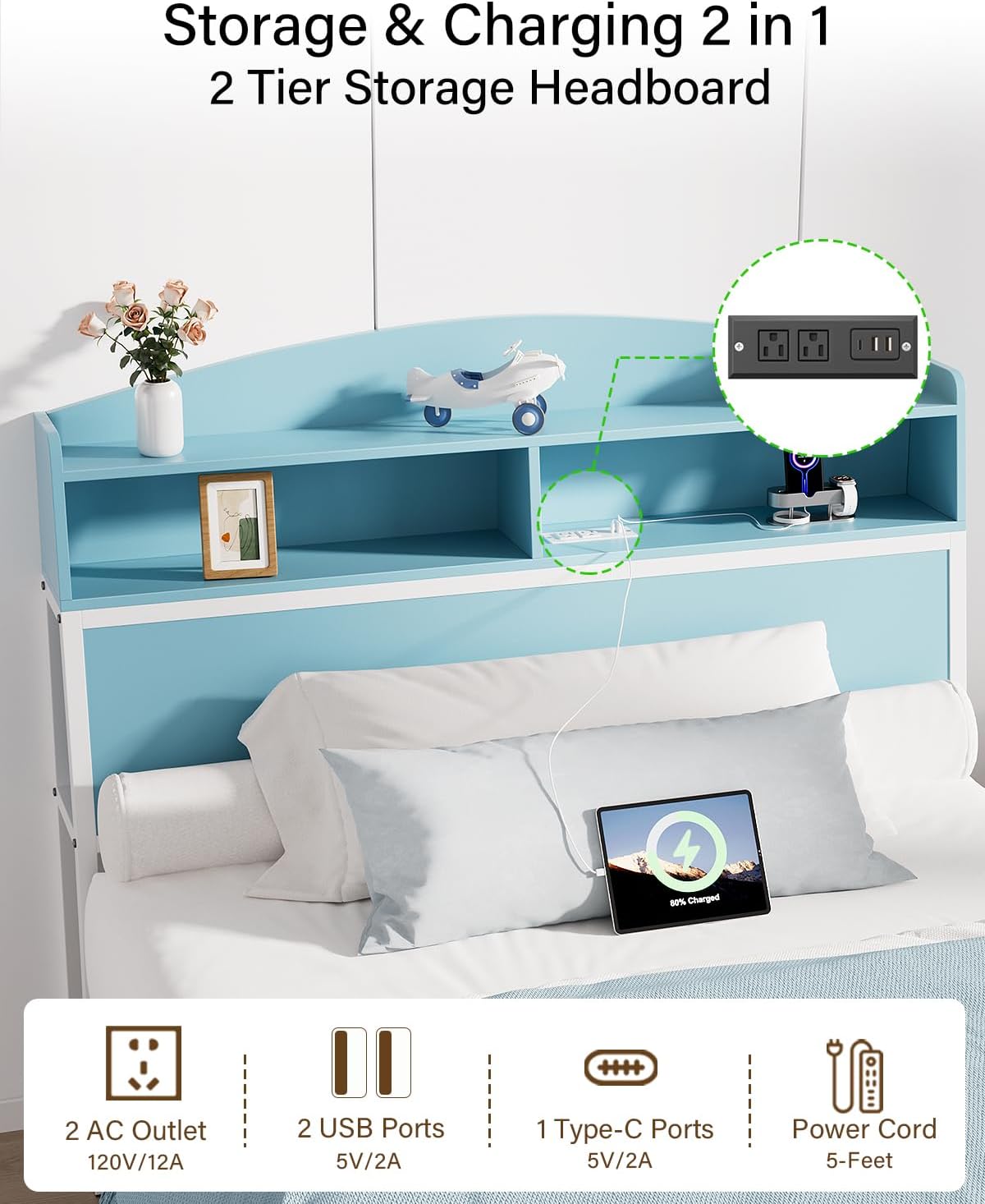 Wooden Twin Bed Frame with Smart Storage Headboard & Drawer, 3-in-1 USB Charging Station, No Box Spring Required, Non-Slip Design, Perfect for Kids, Teens, or Guest Room (No Door White Blue, Twin)
